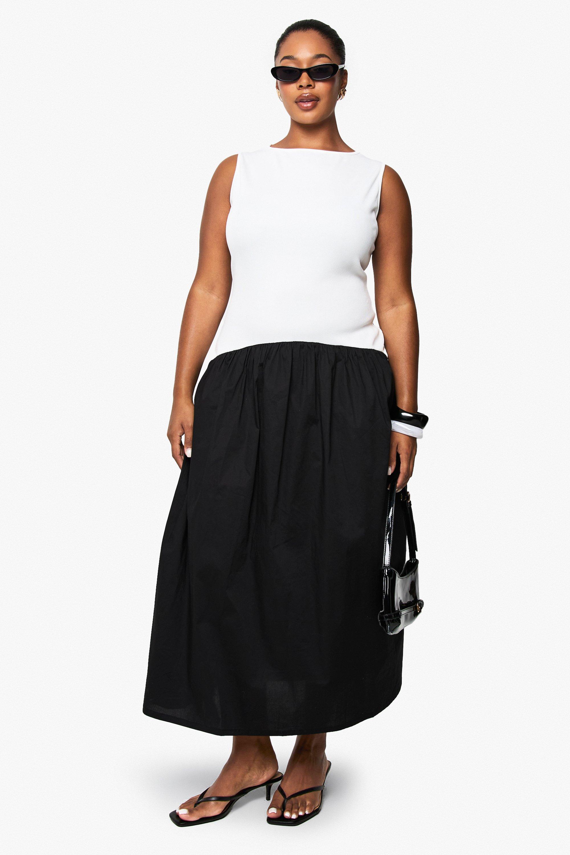 Boohoo Plus Midaxi Jurk Met Geplooide Taille En Contrasterende Stof, Black