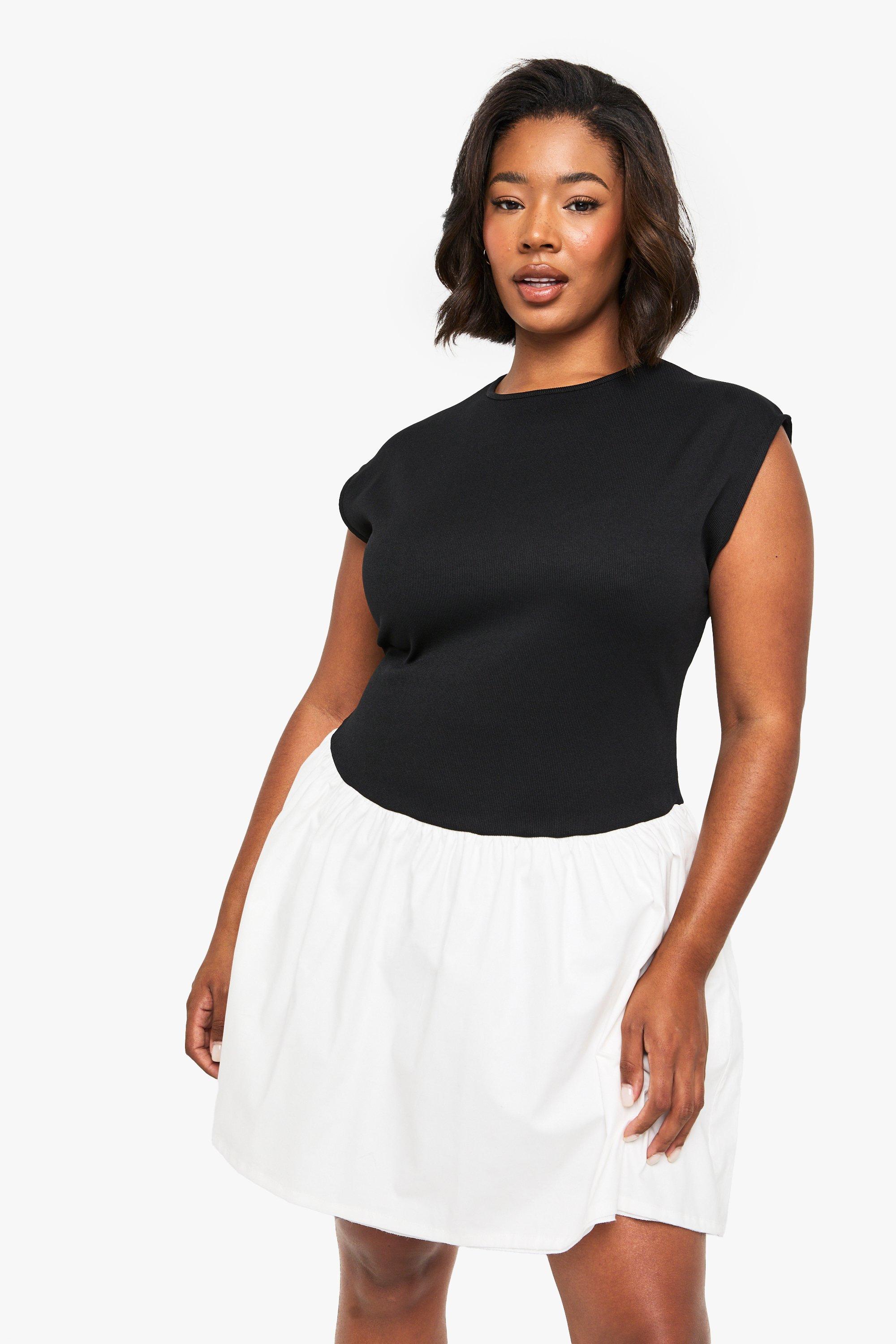 Boohoo Plus Skater Jurk Met Kapmouwen En Contrasterende Stof, Black
