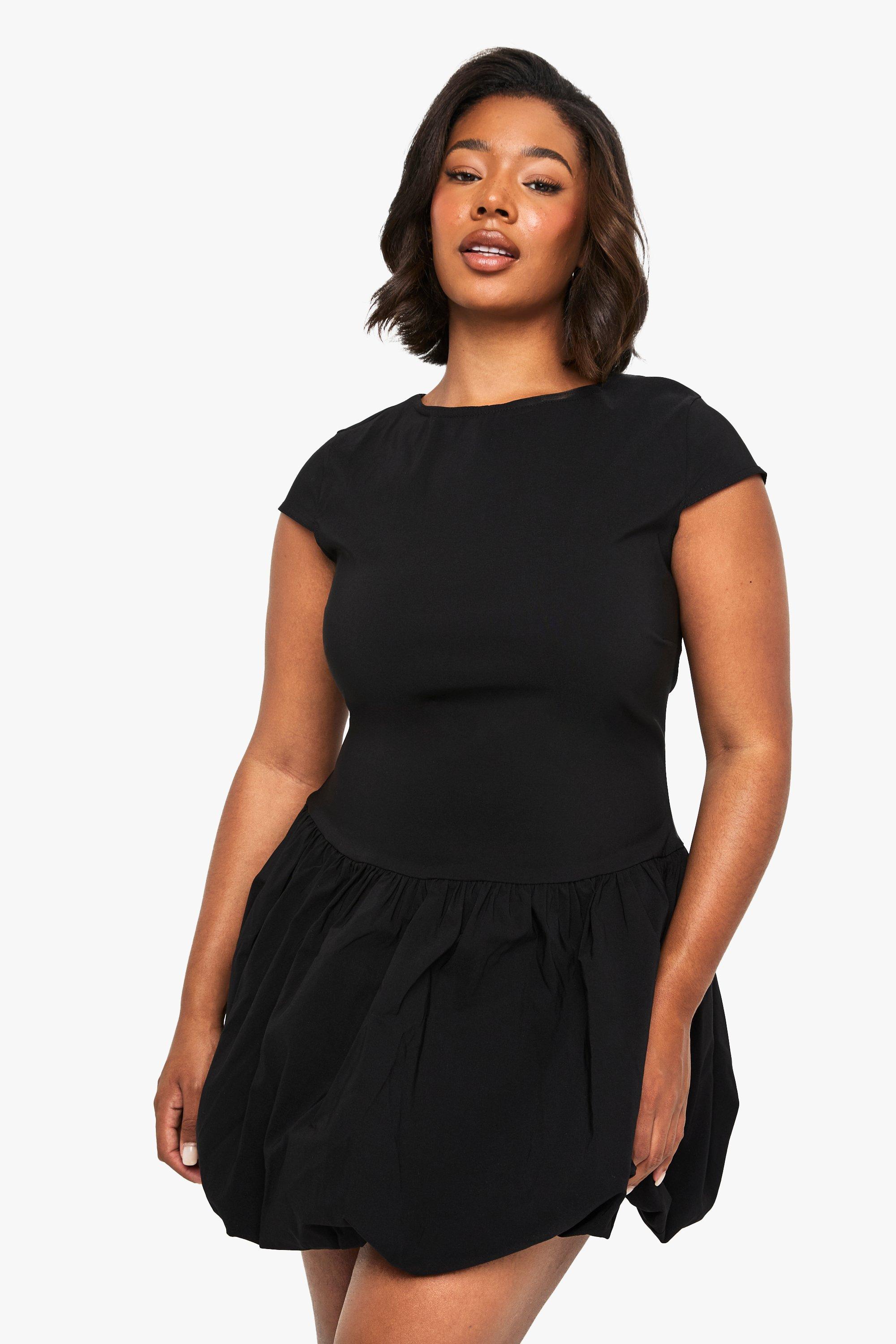 Boohoo Plus Bengaline Mini Jurk Met Kapmouwen En Pofmouwen, Black