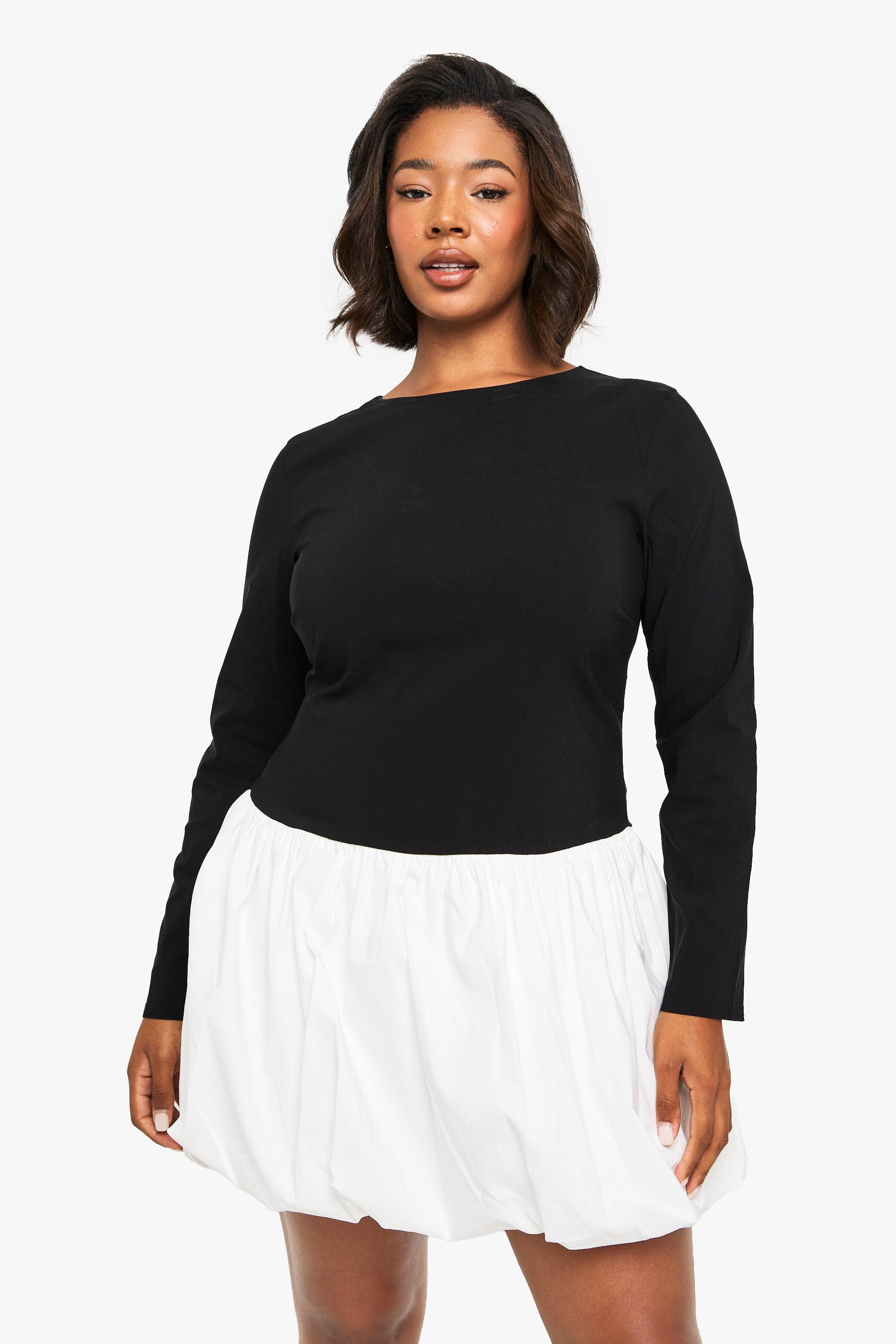 Boohoo Plus Contrasterende Bengaalse Mini Jurk Met Pofmouwen, Black