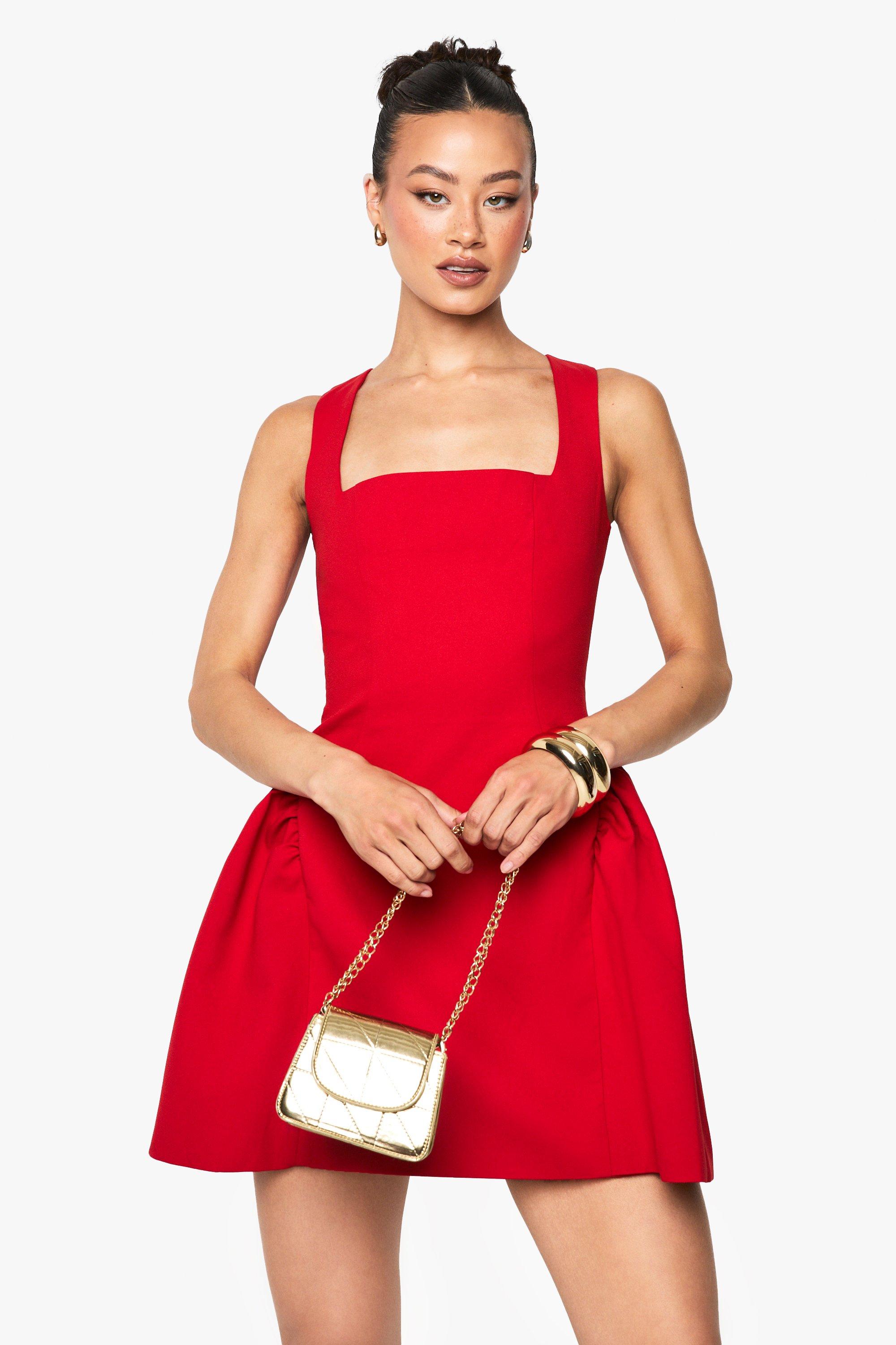 Boohoo Tall Mini Jurk Met Vierkante Hals En Volle Rok, Red