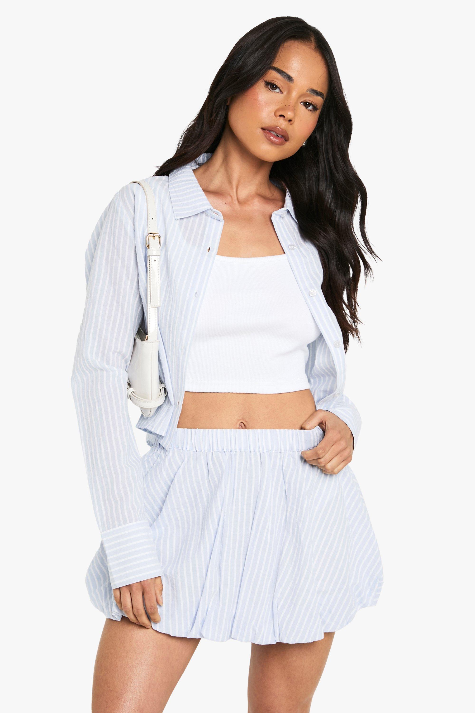 Boohoo Katoenen Gestreept Mini Rokje Met Elastische Taille, Blue
