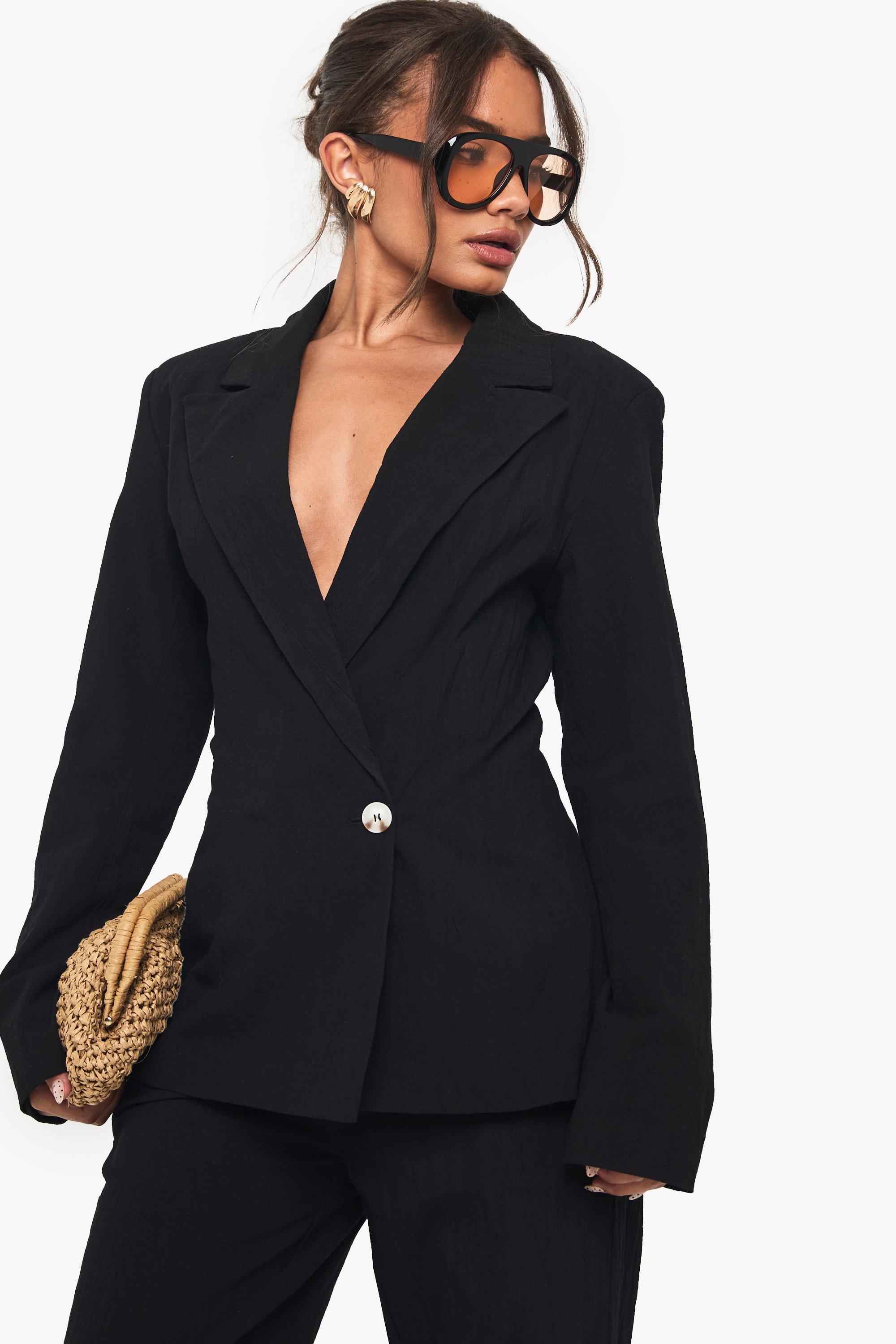 Boohoo Getailleerde Linnen Wikkel Blazer, Black