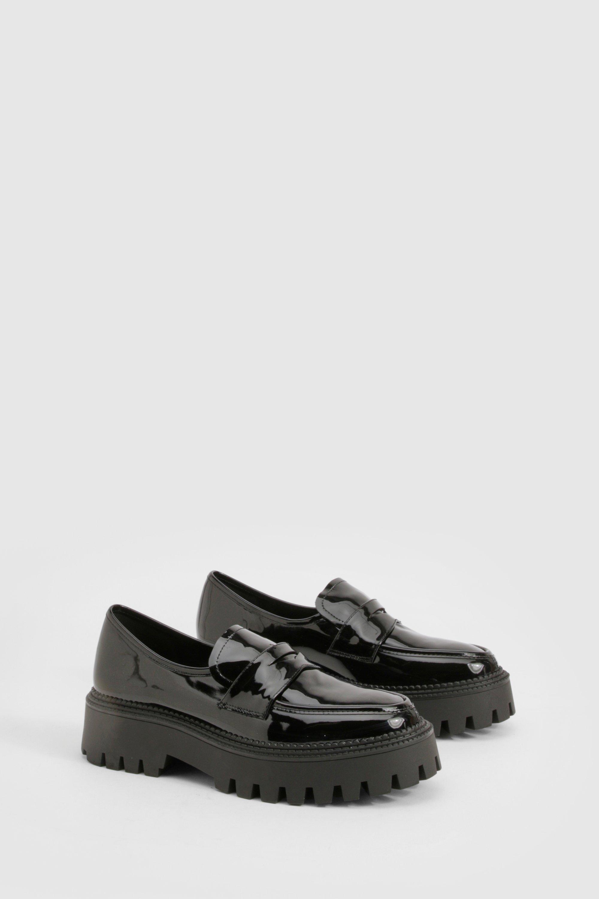 Boohoo Wide Fit Patent Chunky Loafers, Black