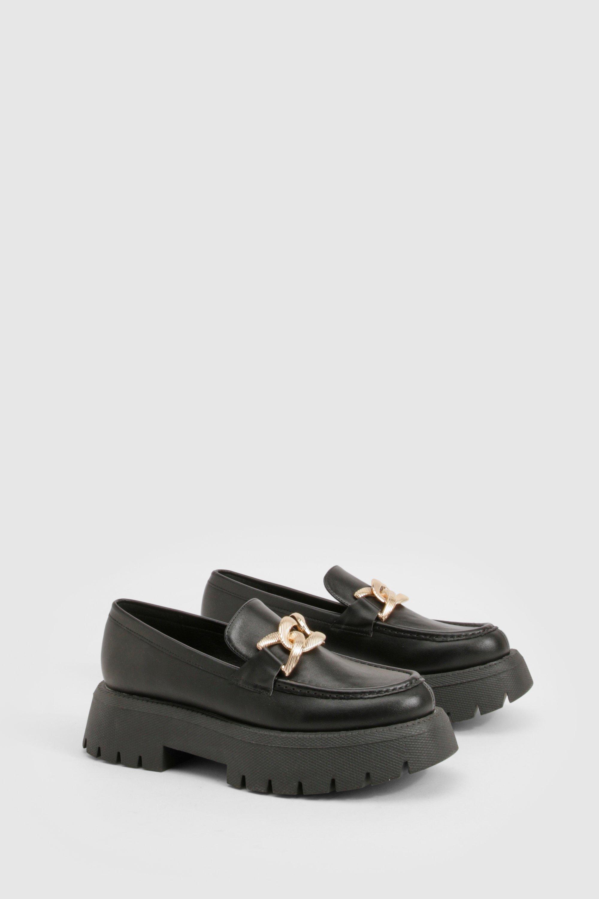 Boohoo Wide Fit Chunky Overlay Strap Hardware Loafers, Black