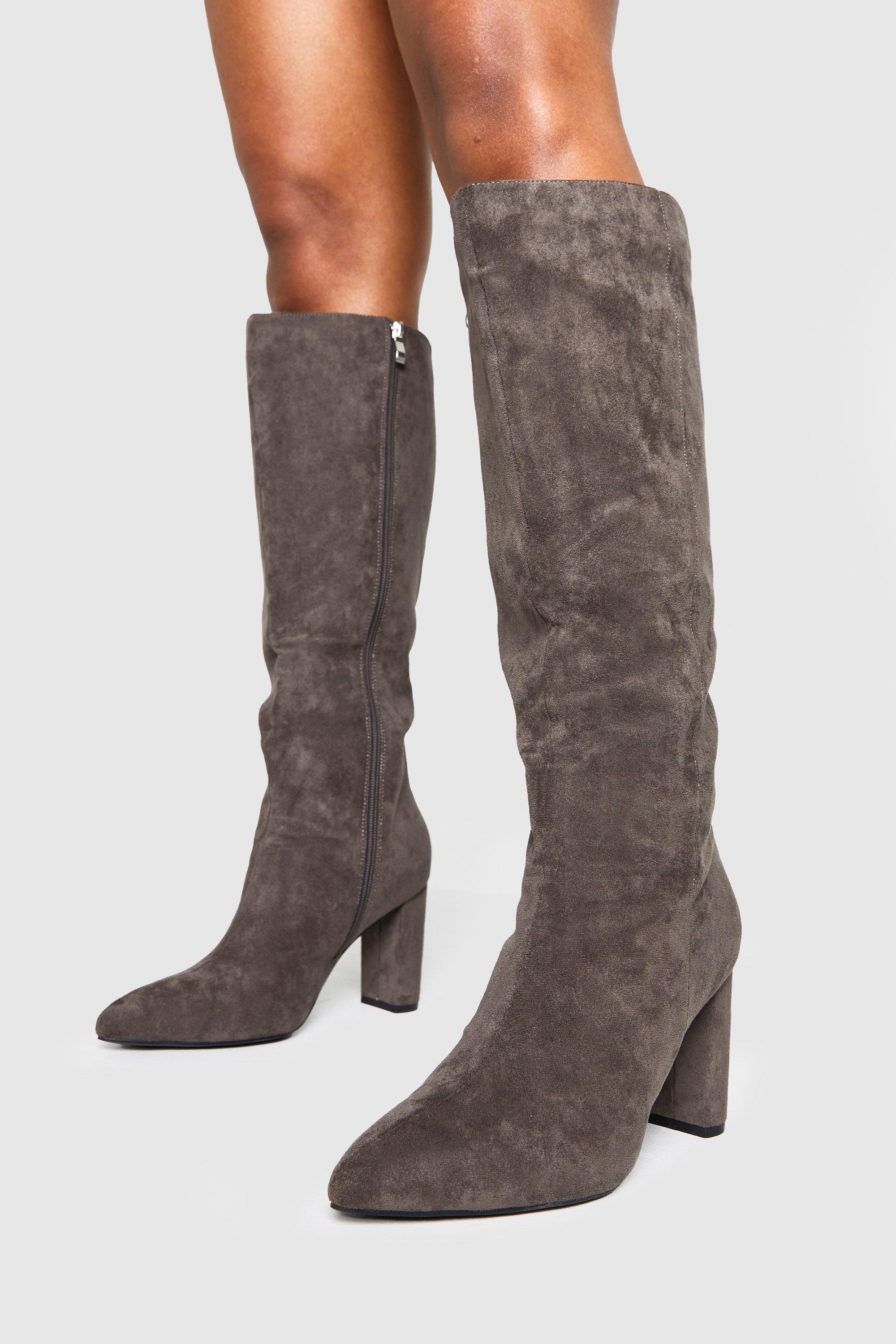 Image of Wide Fit Faux Suede Mid Block Knee High Boots, Grigio