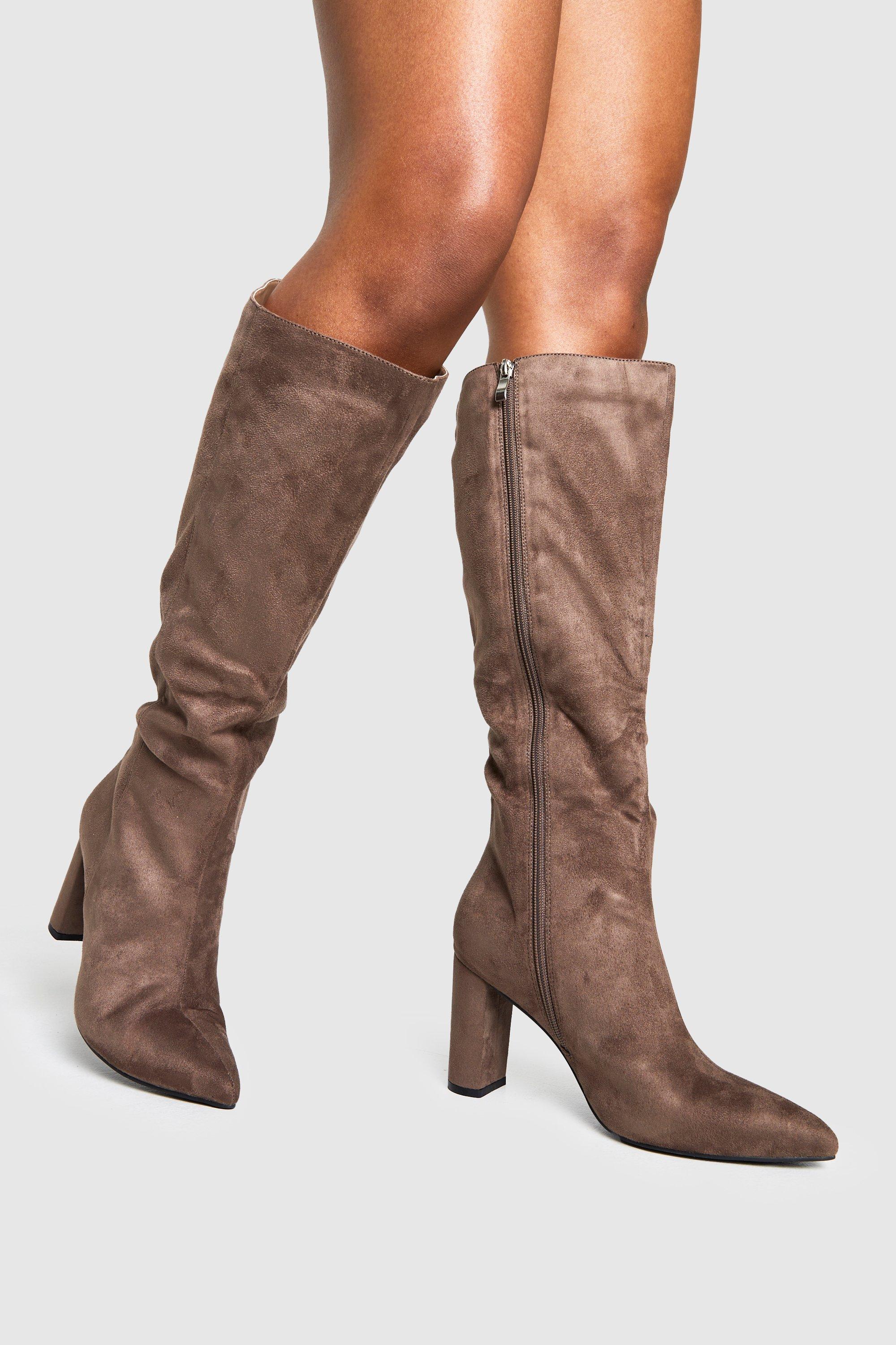 Image of Wide Fit Faux Suede Block Heel Knee High Boots, Beige