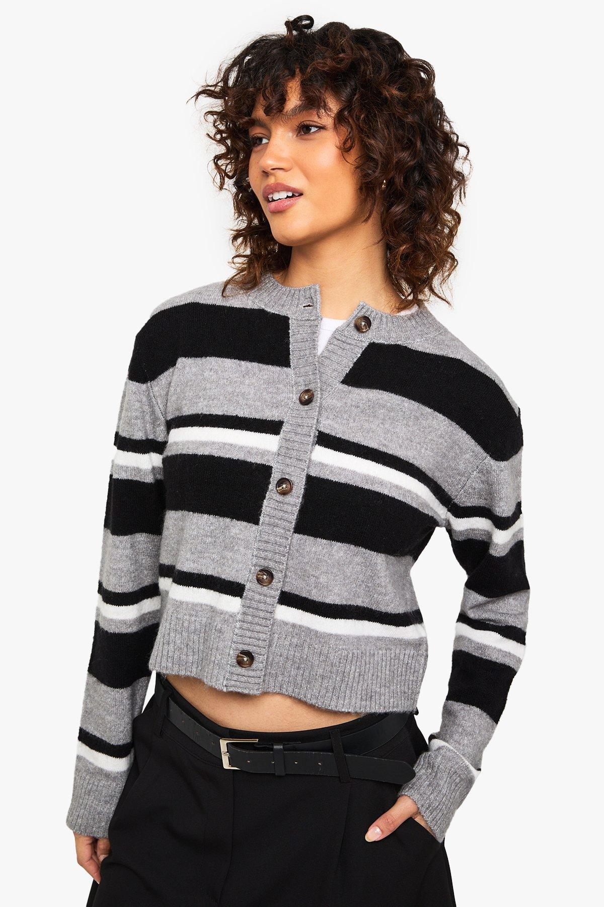 Image of Soft Knit Stripe Boxy Crop Cardigan, Grigio