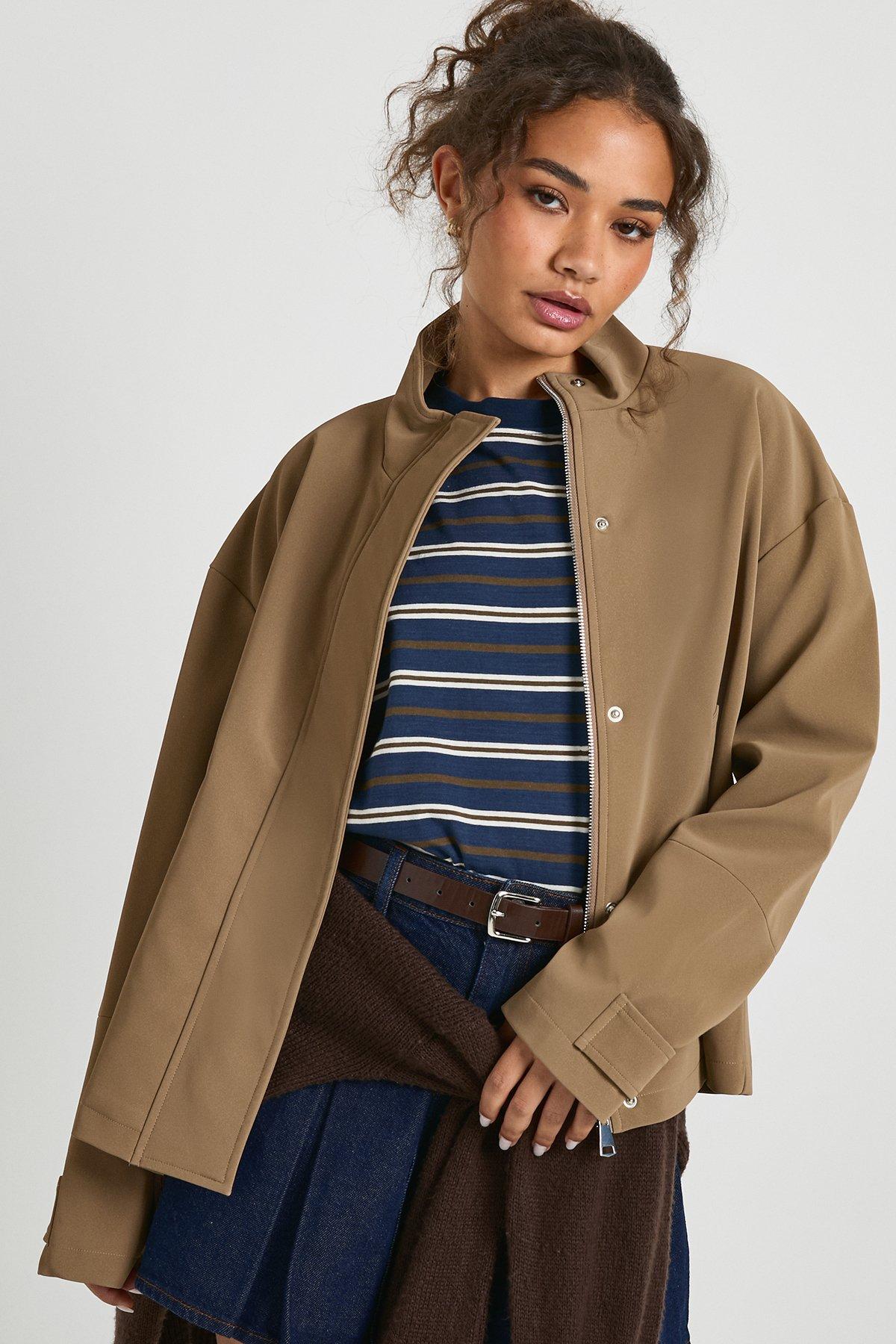 Image of Funnel Neck Faux Leather Jacket, Beige