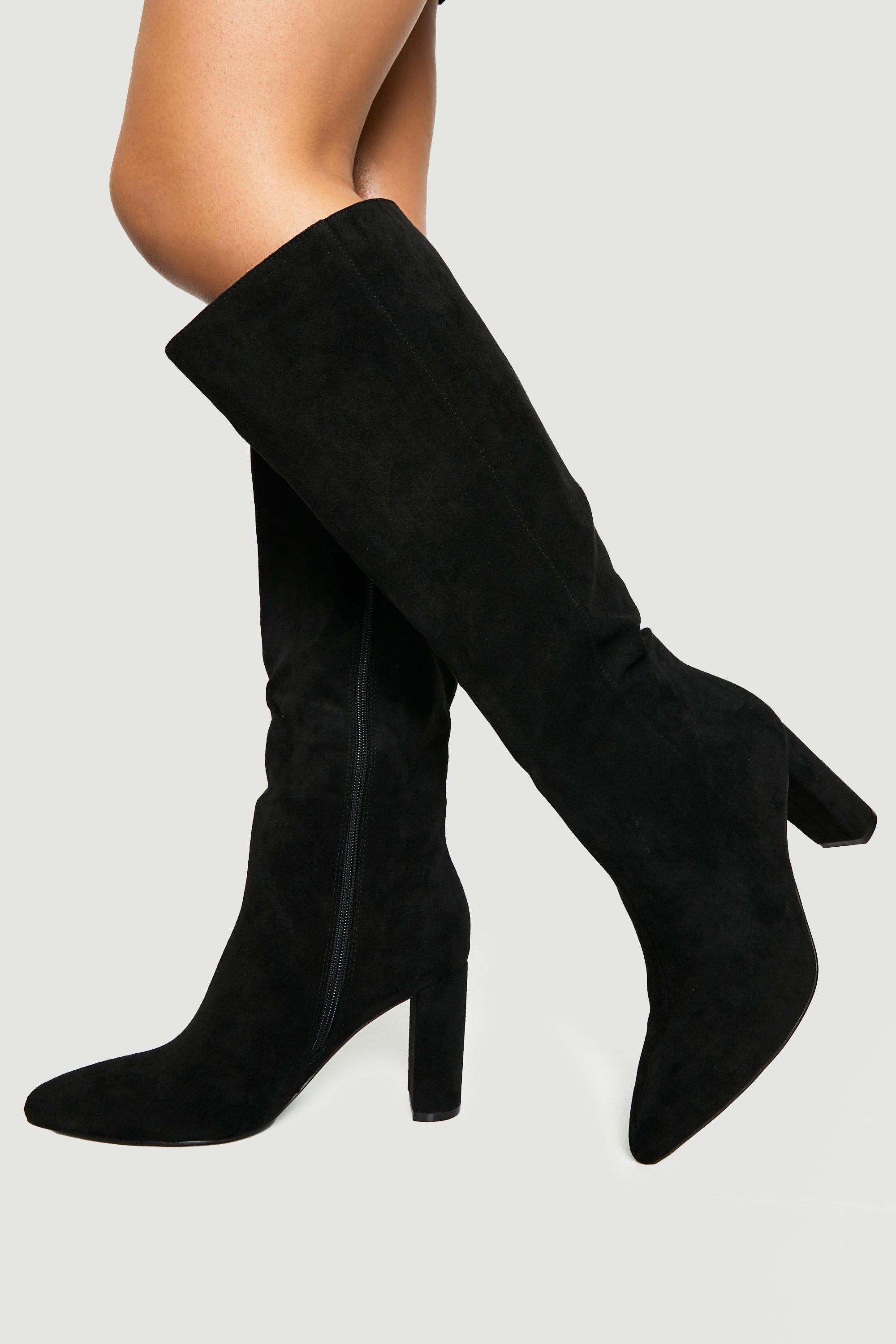 Image of Wide Fit Faux Suede Block Heel Knee High Boots, Nero