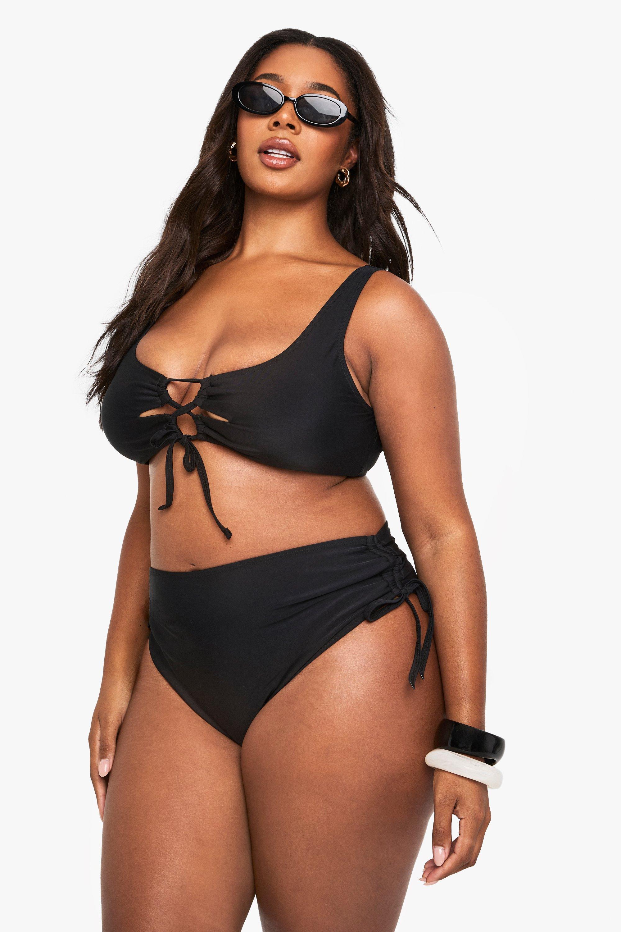 Boohoo Plus Gewatteerde Bikini Top Met Veters, Black
