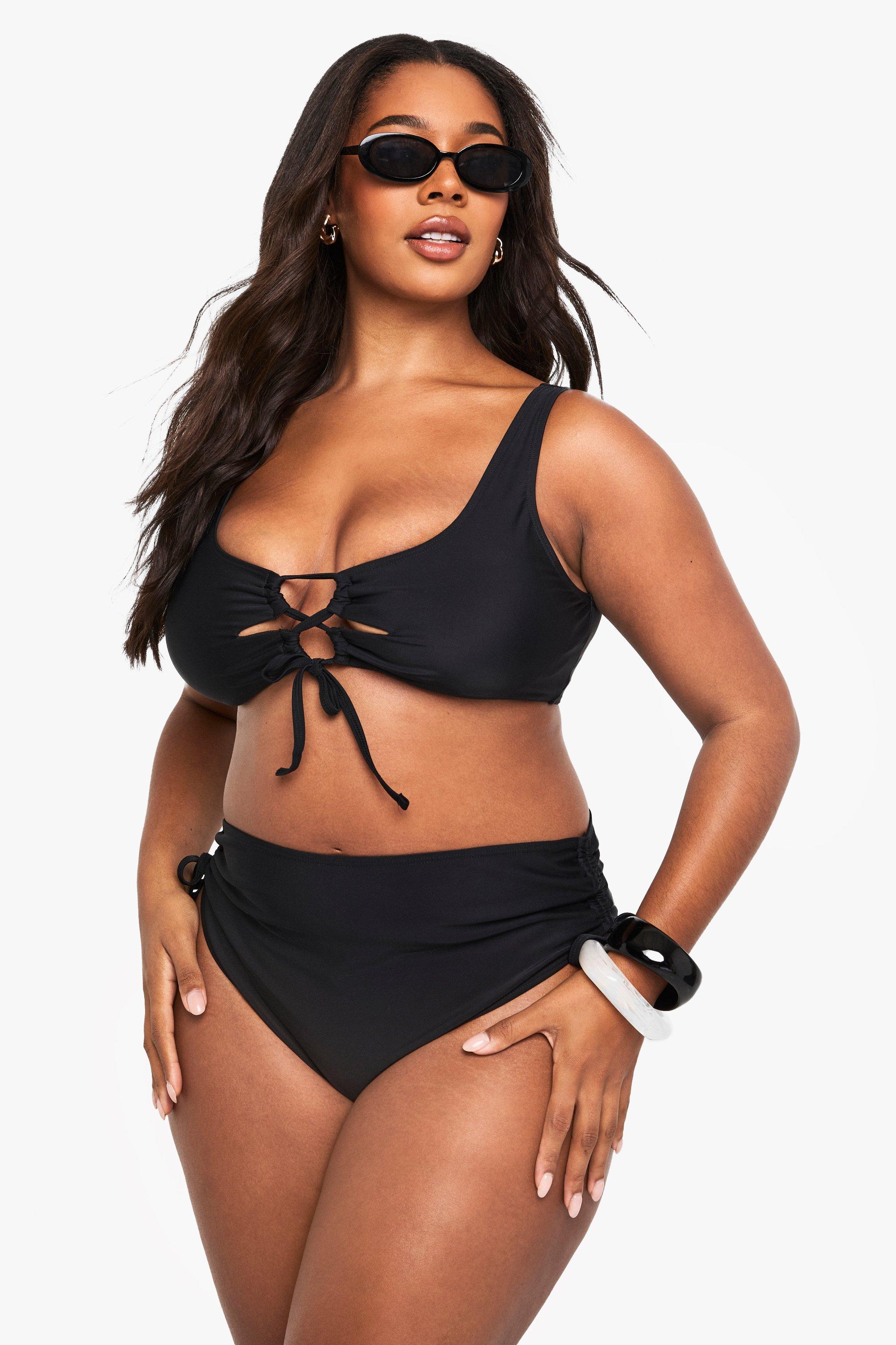 Boohoo Plus Geplooid High Waist Tummy Control Bikini Broekje, Black