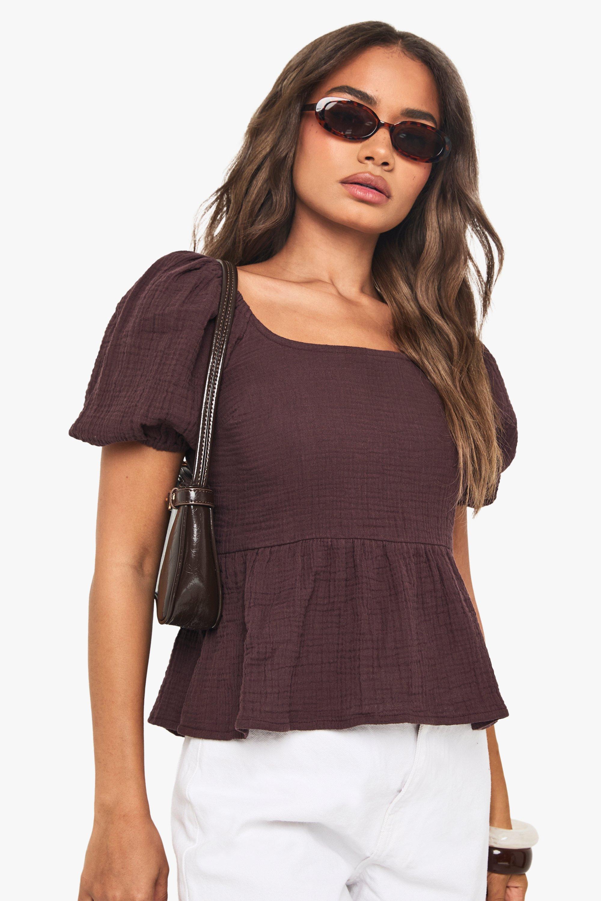 Crinkle Cotton Puff Sleeve Shirred Crop Top - Marron Chocola