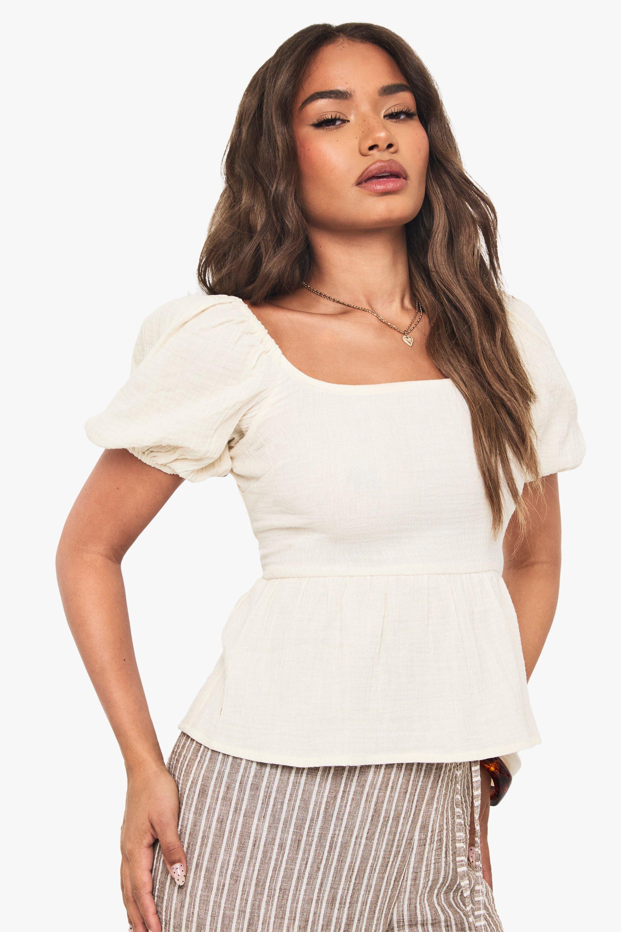 Boohoo Crinkle Cotton Puff Sleeve Shirred Crop Top, Cream