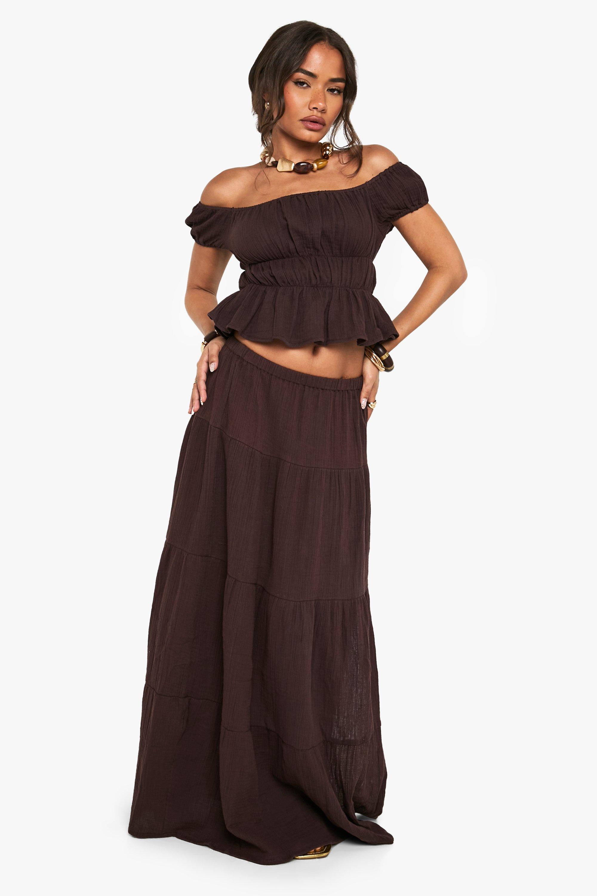 Boohoo Crinkle Cotton Maxi Skirt, Chocolate