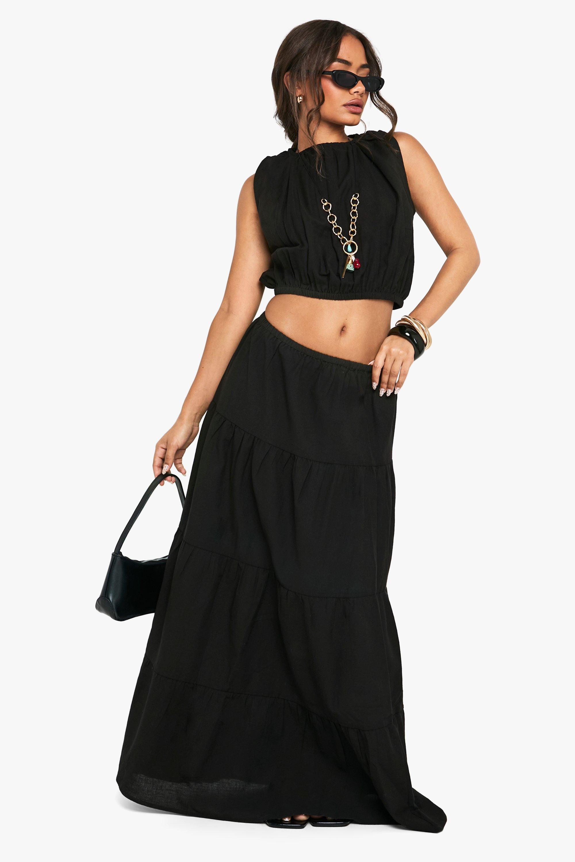 Boohoo Linen Maxi Tiered Skirt, Black