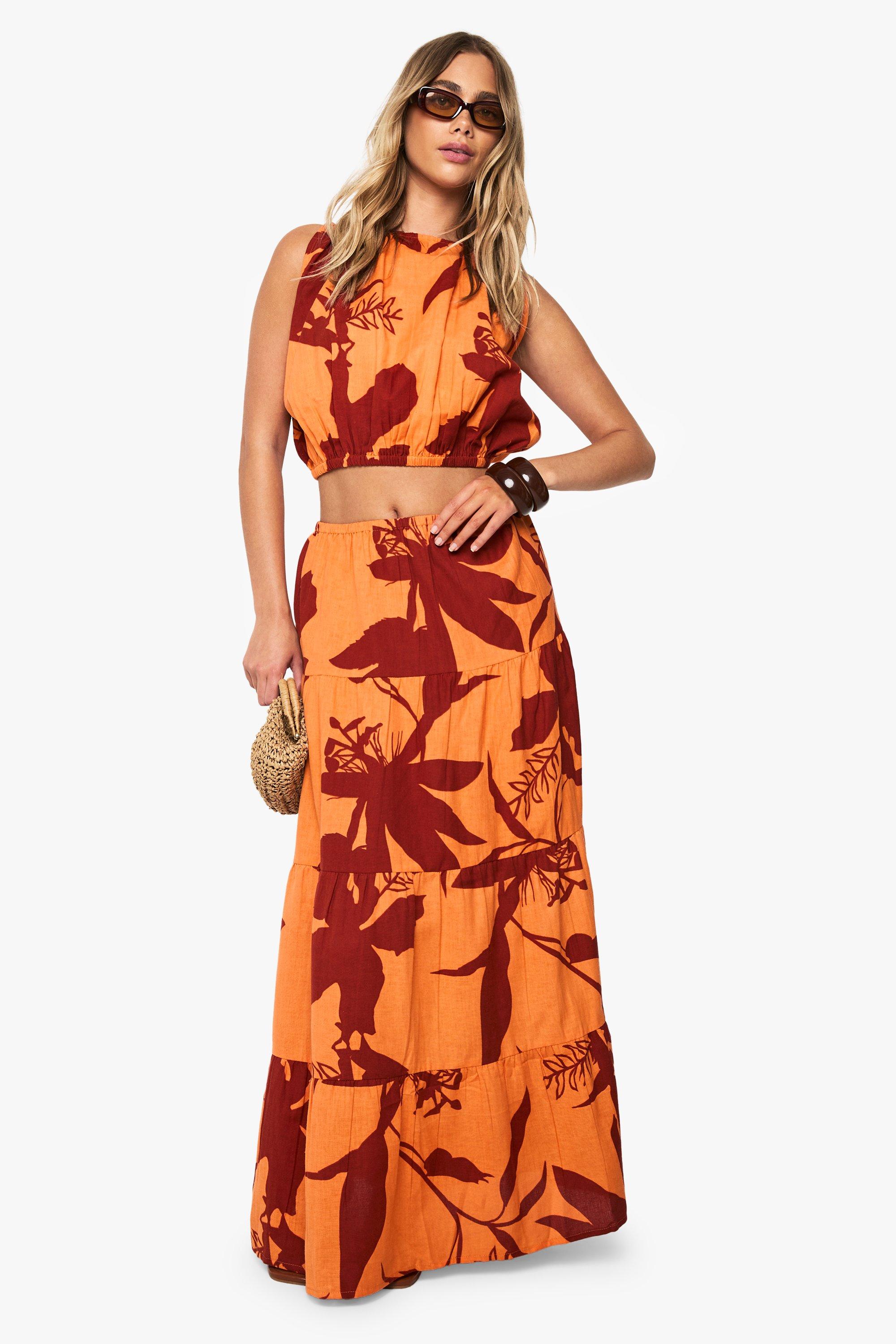 Boohoo Abstract Floral Linen Maxi Skirt, Orange