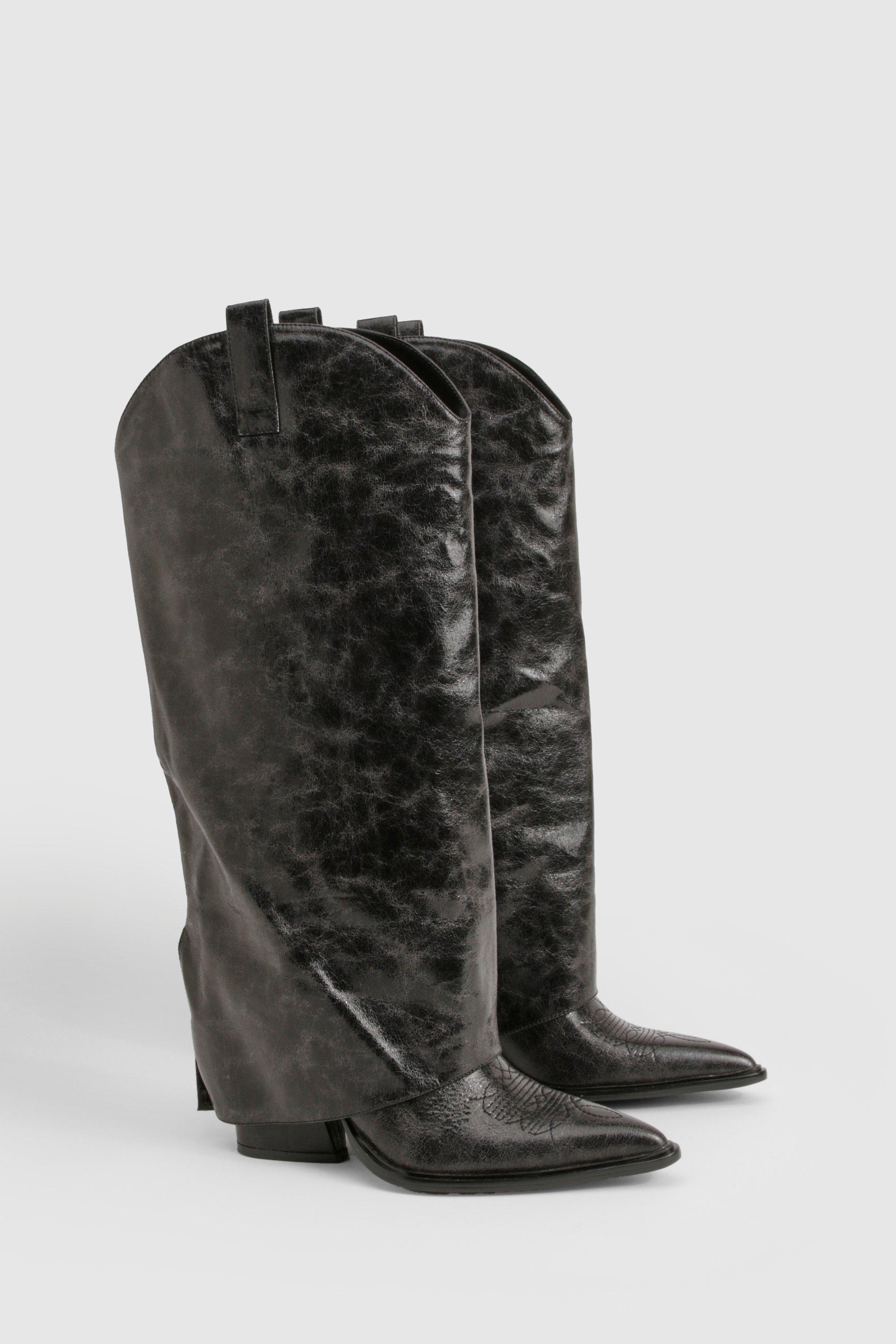 Image of Wide Fit Clean Distressed Western Heeled Cowboy Boot, Nero