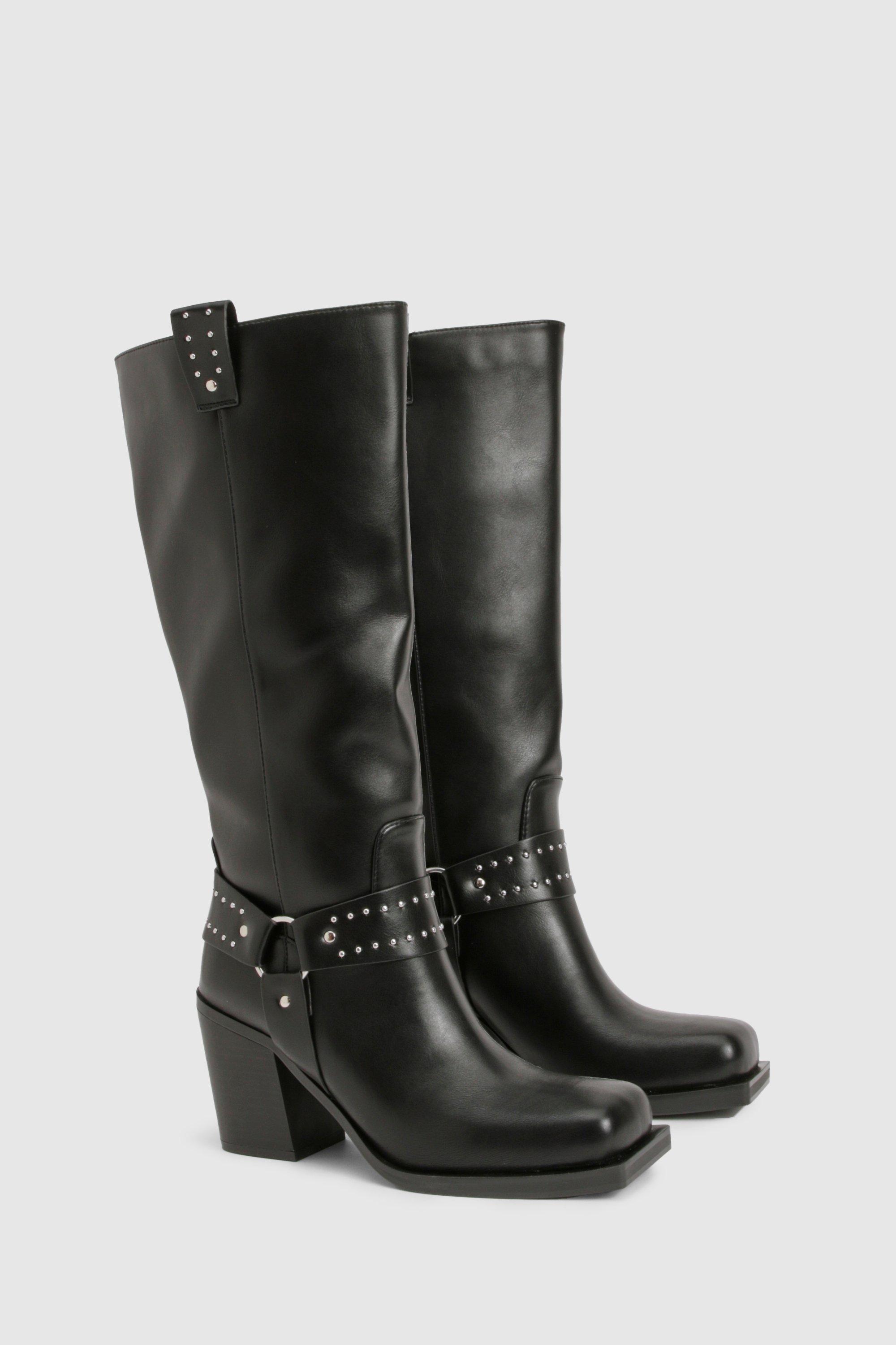 Image of Wide Fit Buckle Detail Western Biker Boots, Nero