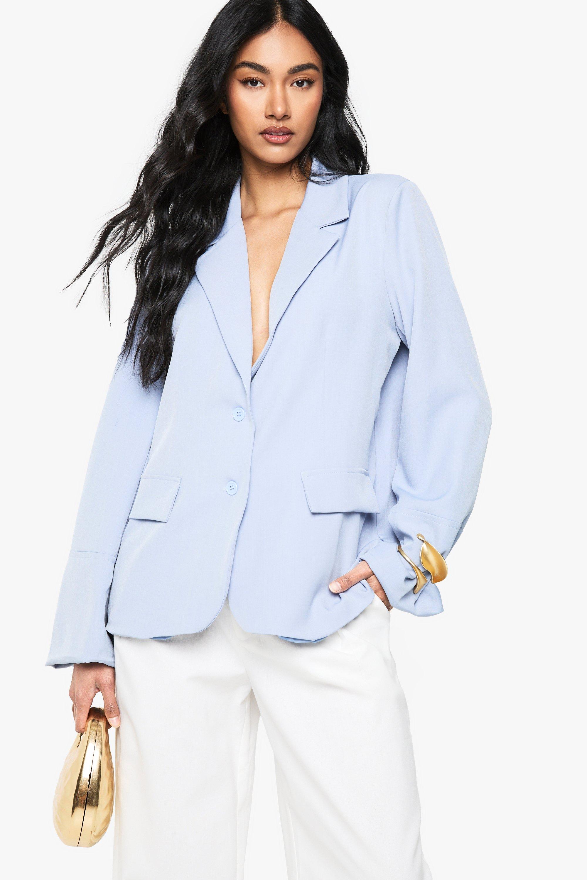Boohoo Getailleerde Blazer Met Krijtstrepen En Schouderpads, Blue