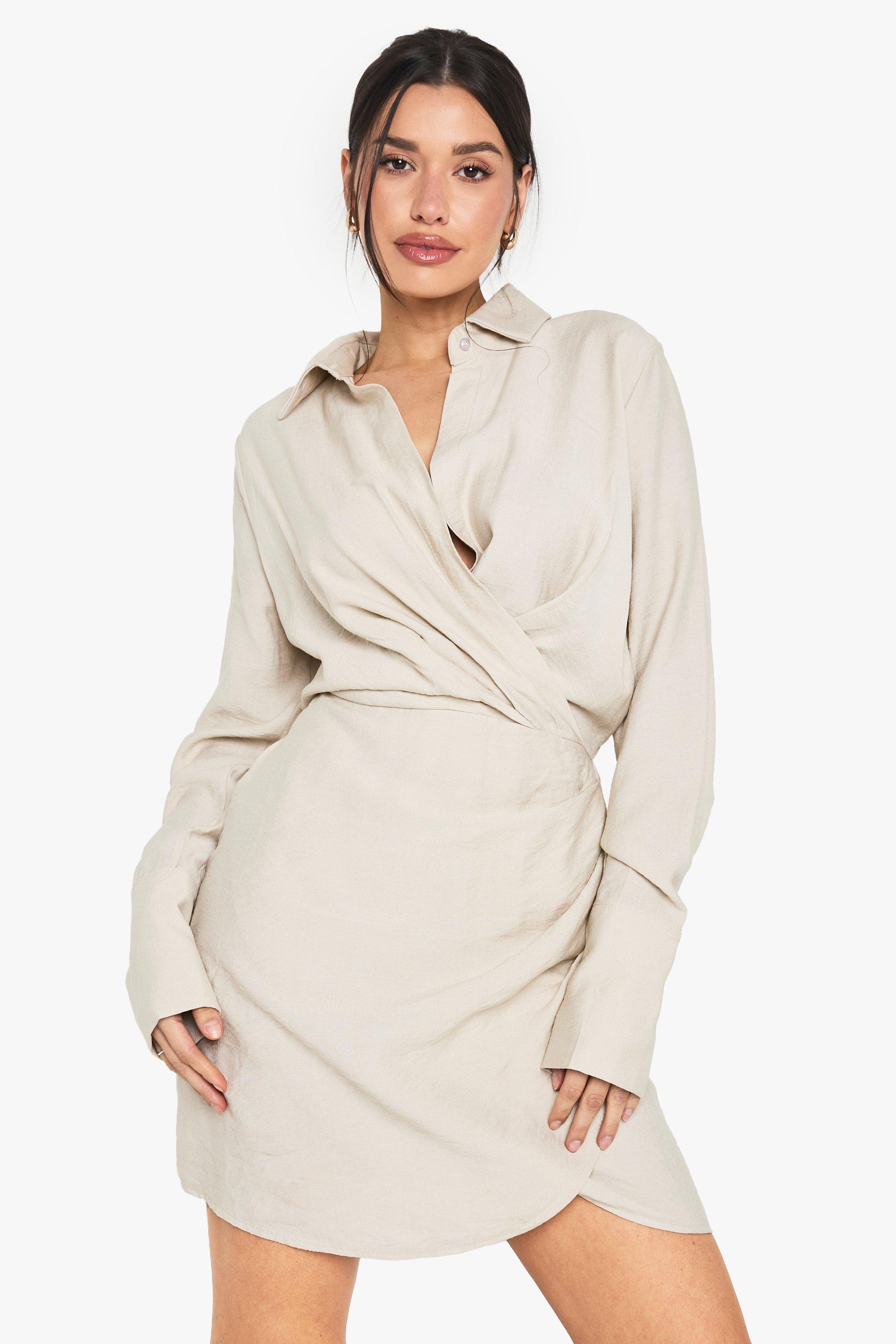 Boohoo Tall Wikkel Blouse Jurk Met Kraag, Stone
