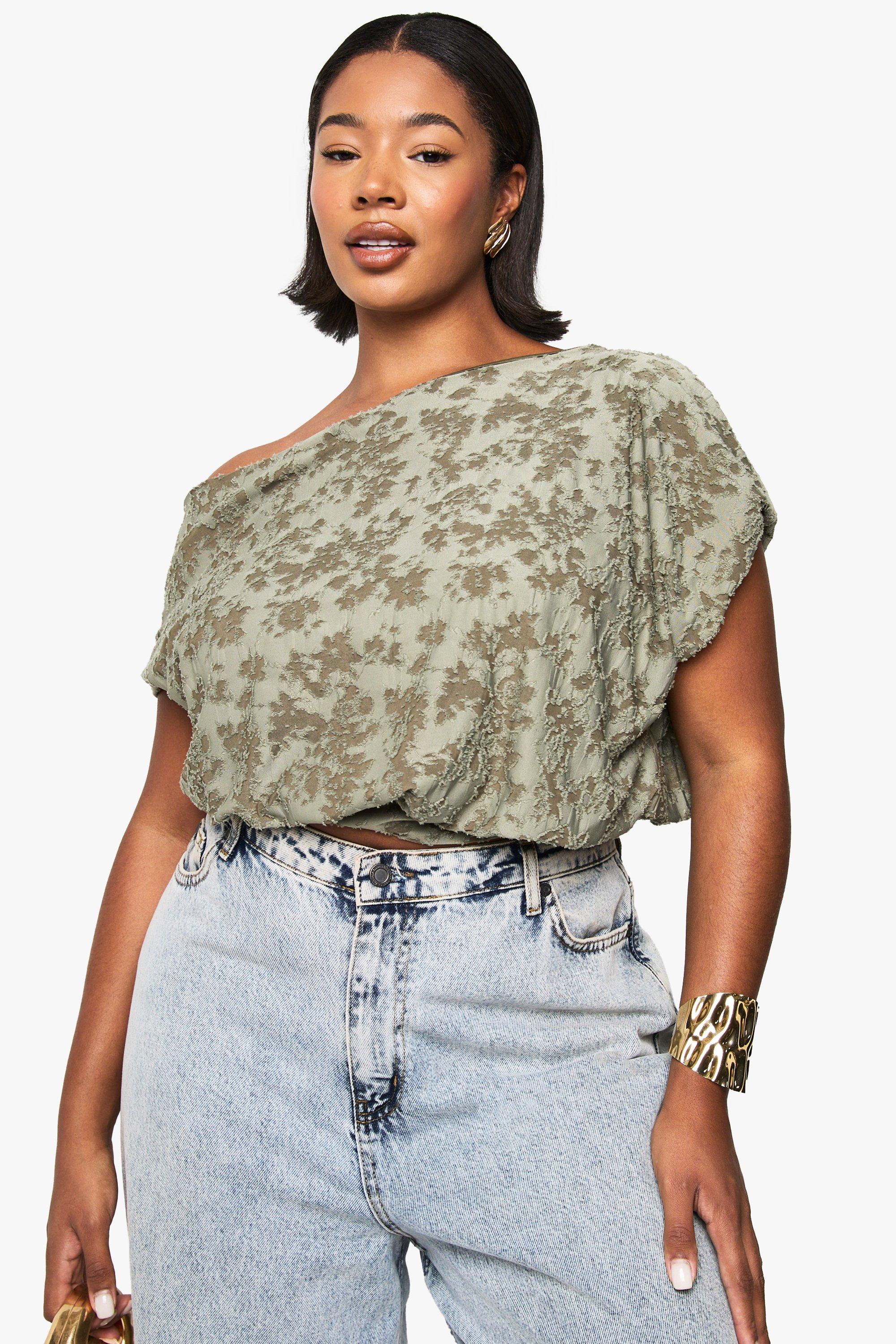Image of Top Plus Size extra comodo con spalle scoperte e burnout, Verde