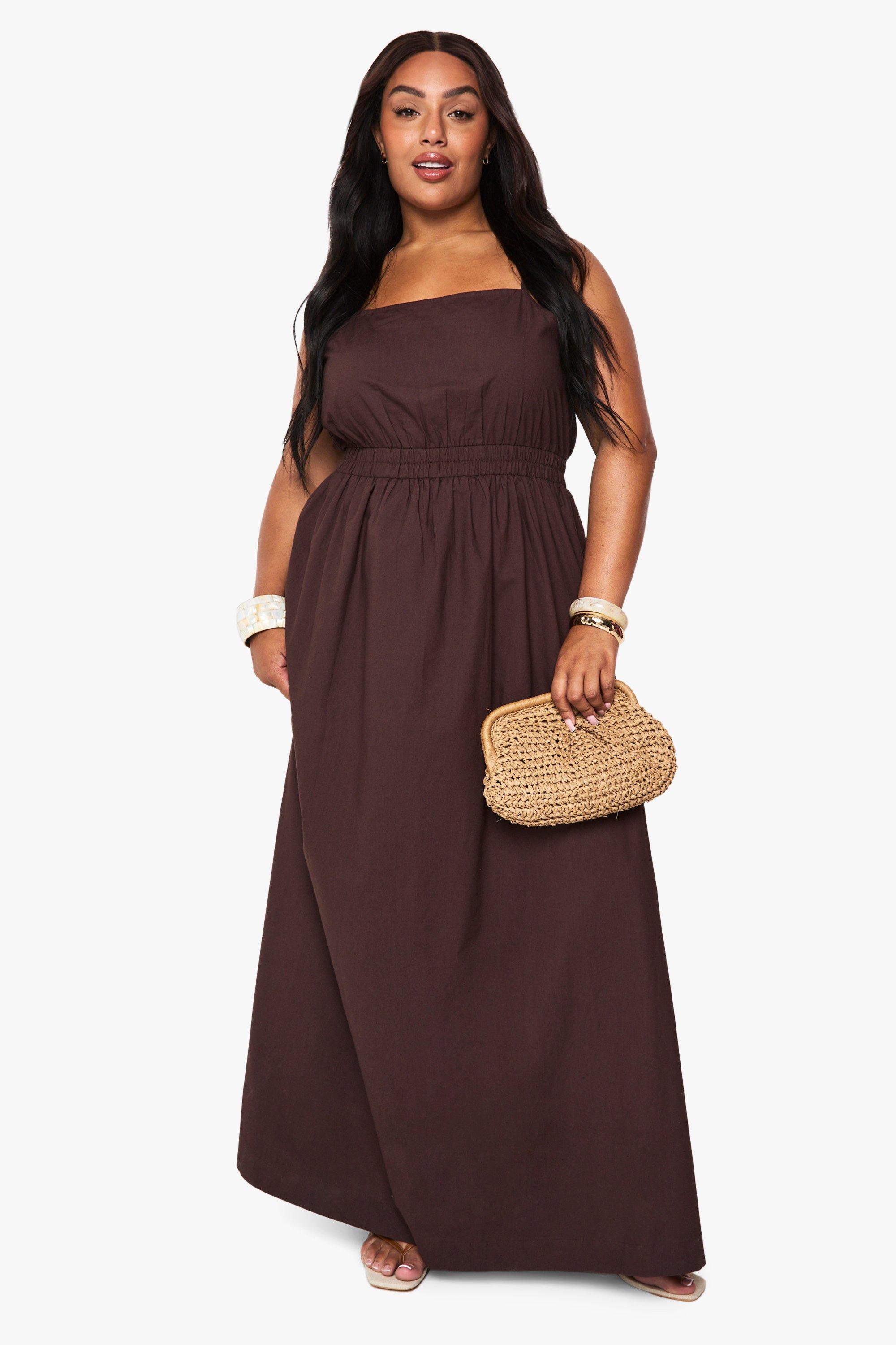 Boohoo Plus Cotton Poplin Midaxi Dress, Chocolate