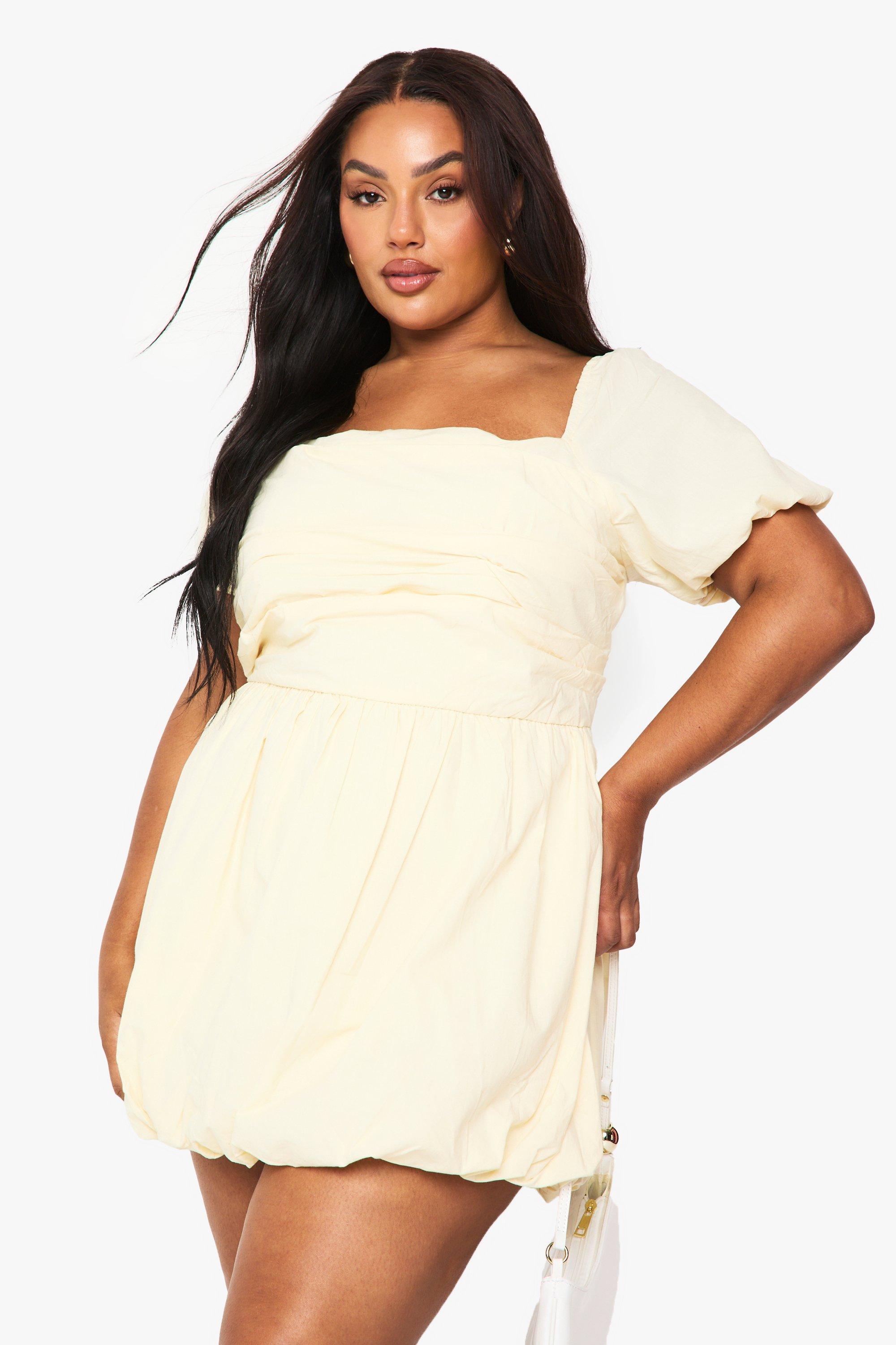 Boohoo Plus Cotton Poplin Short Sleeve Puff Ball Dress, Lemon
