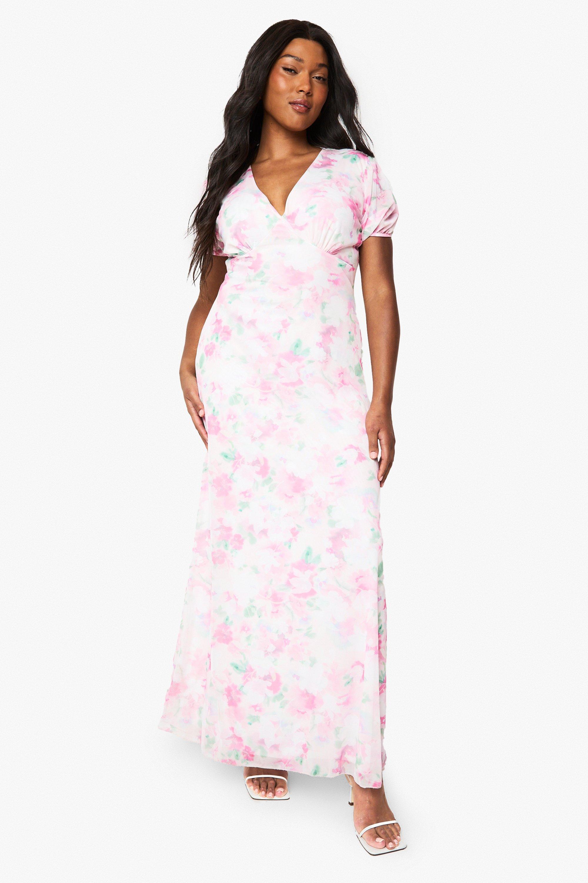 Boohoo Plus Mesh Bloemen Midaxi Jurk, Pink