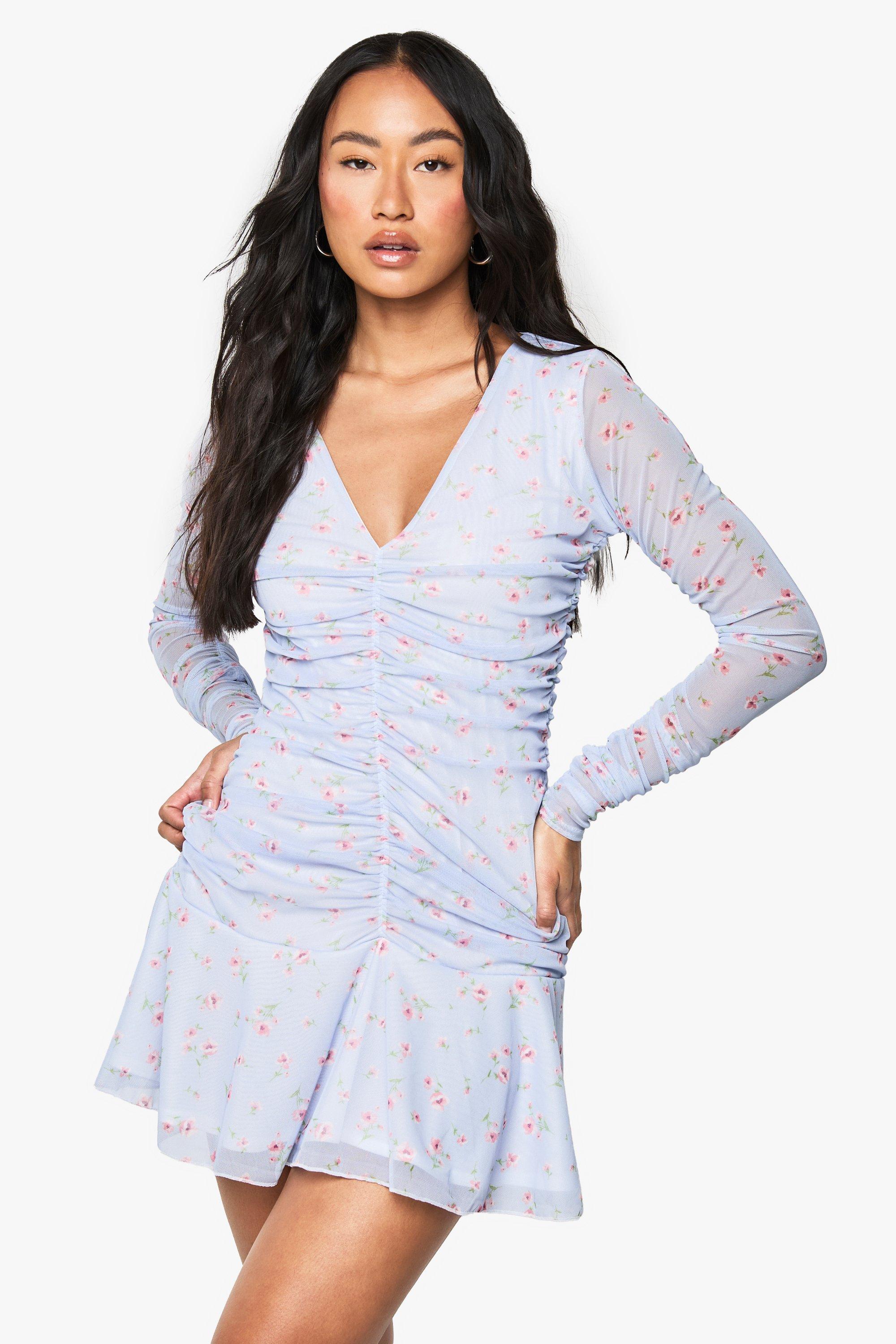 Boohoo Petite Ruched Plunge Long Sleeve Floral Skater Dress, Pastel Blue