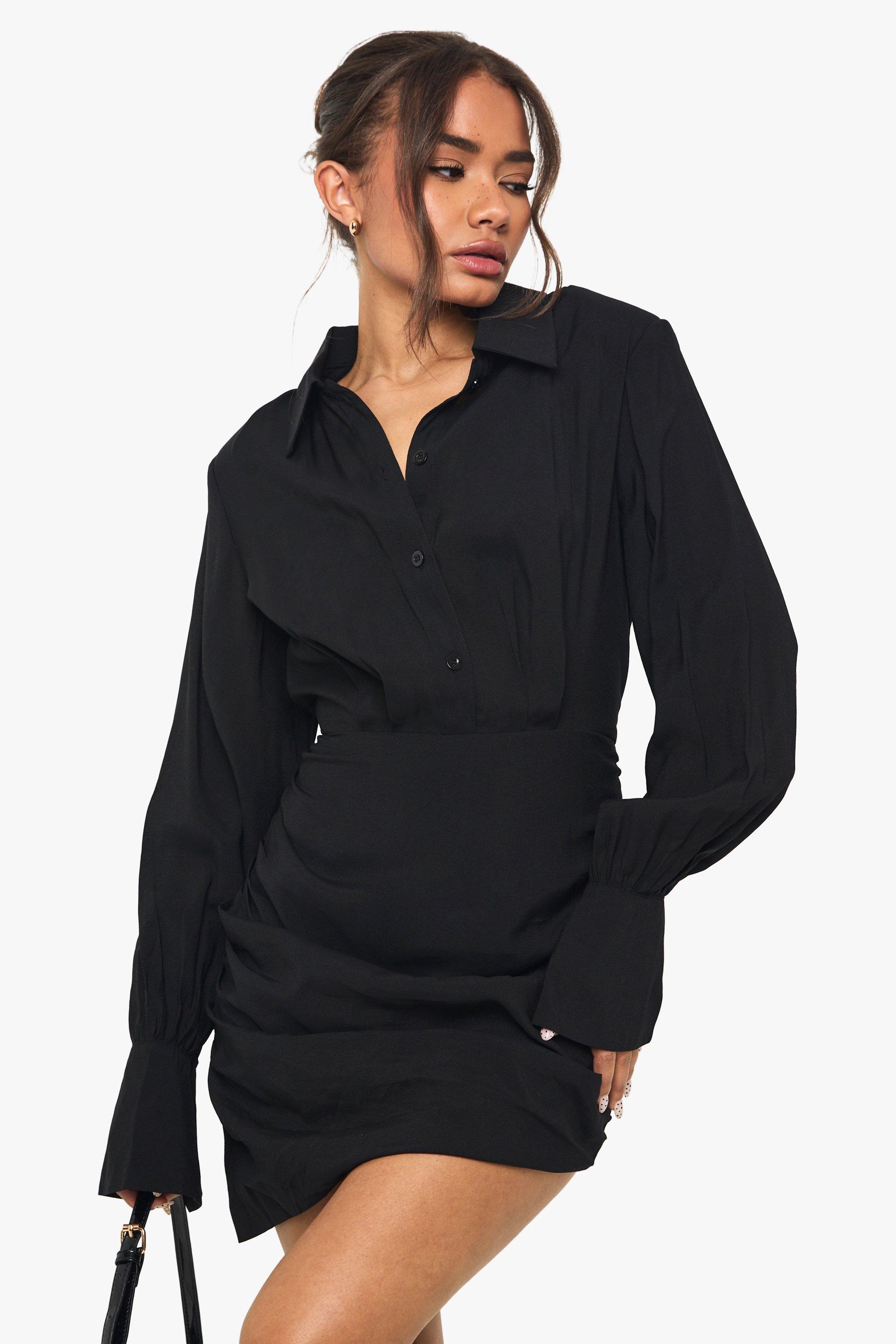 Boohoo Geplooide Blouse Jurk, Black