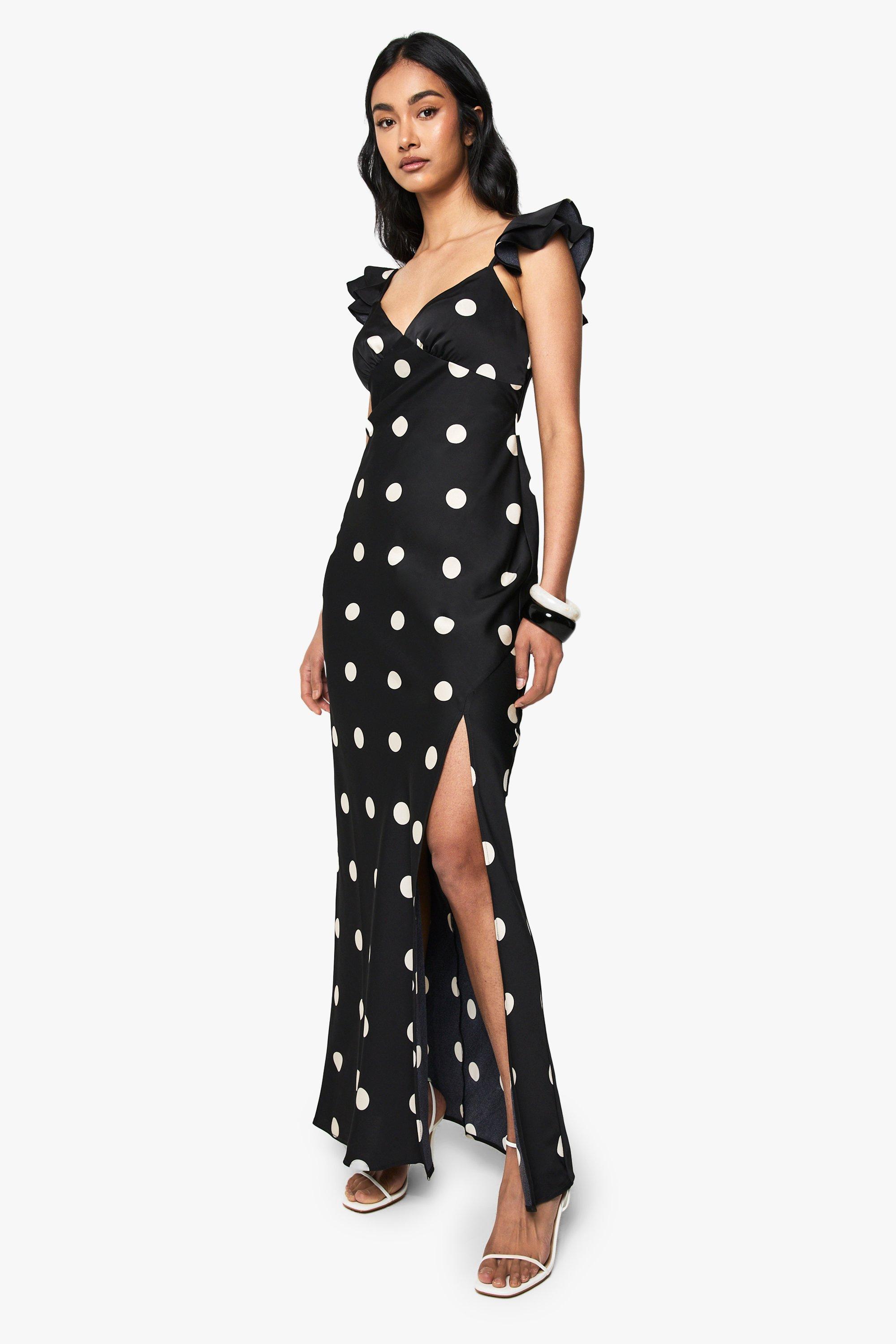 Image of Vestito maxi in raso a pois con volant sulle maniche e spacco, Nero