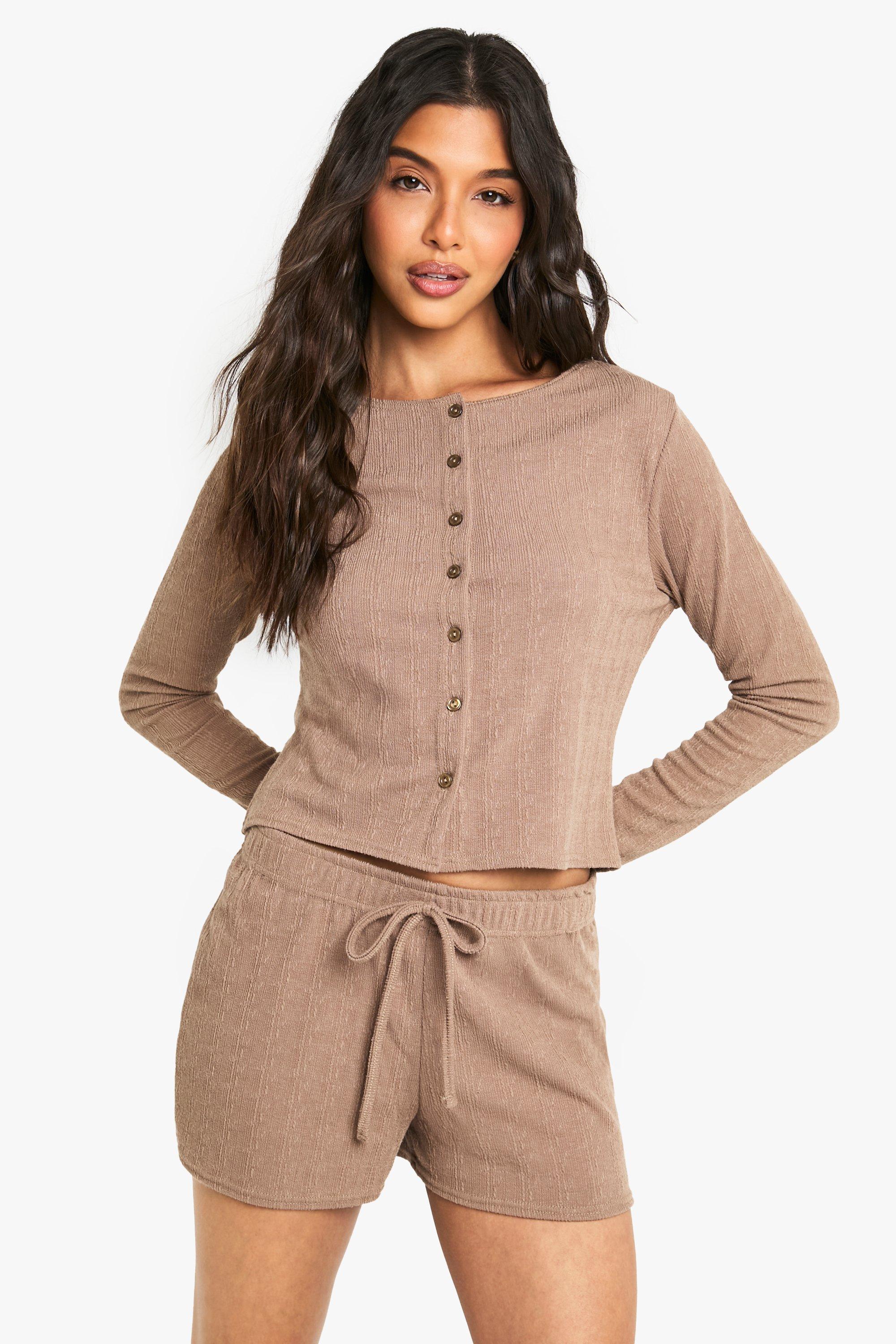 Womens Crinkle Button Through Long Sleeve Top - Brown - 6, Brown
