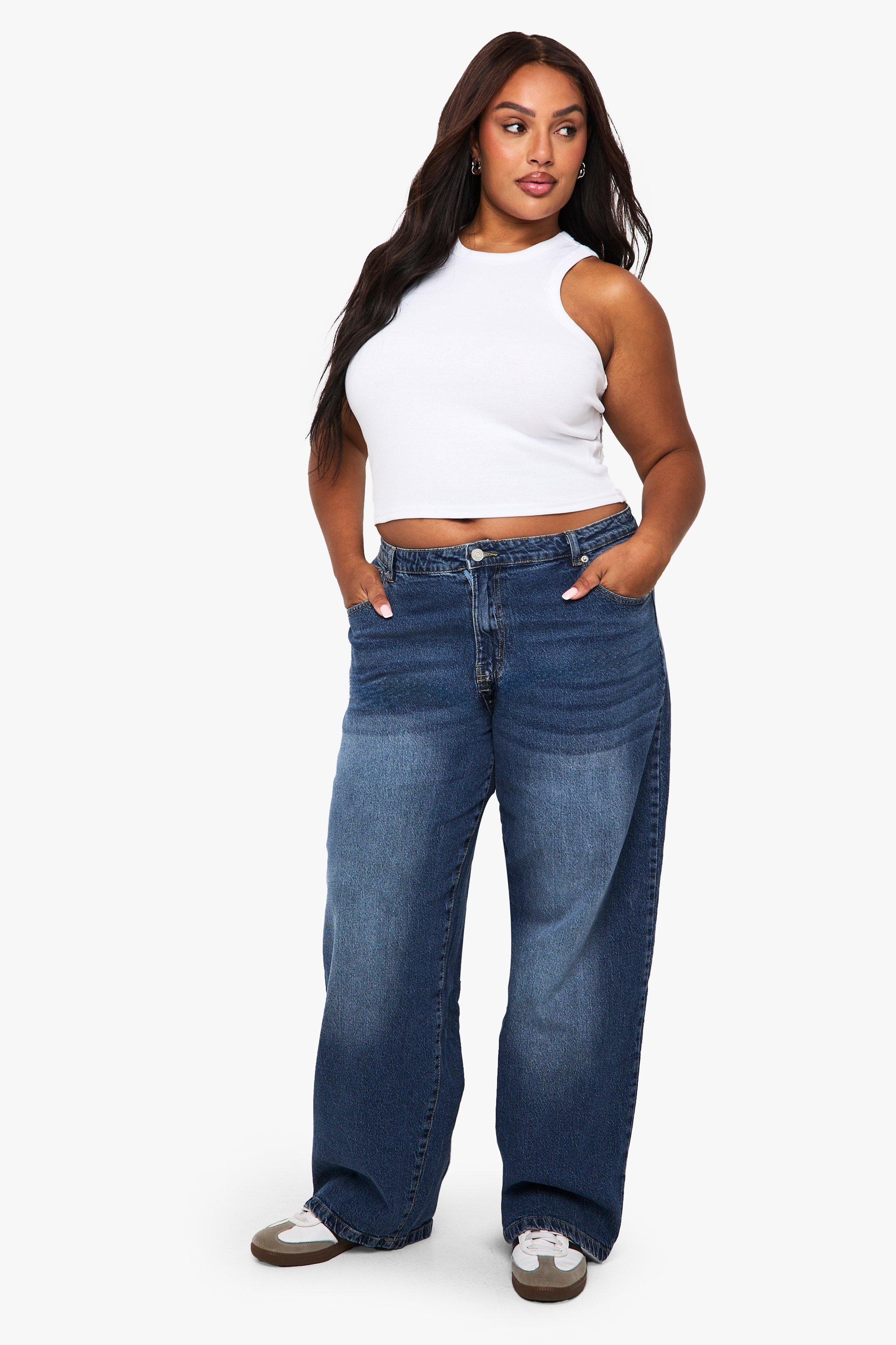 Boohoo Plus Basic Boyfriend Jeans, Acid Wash Dark Blue