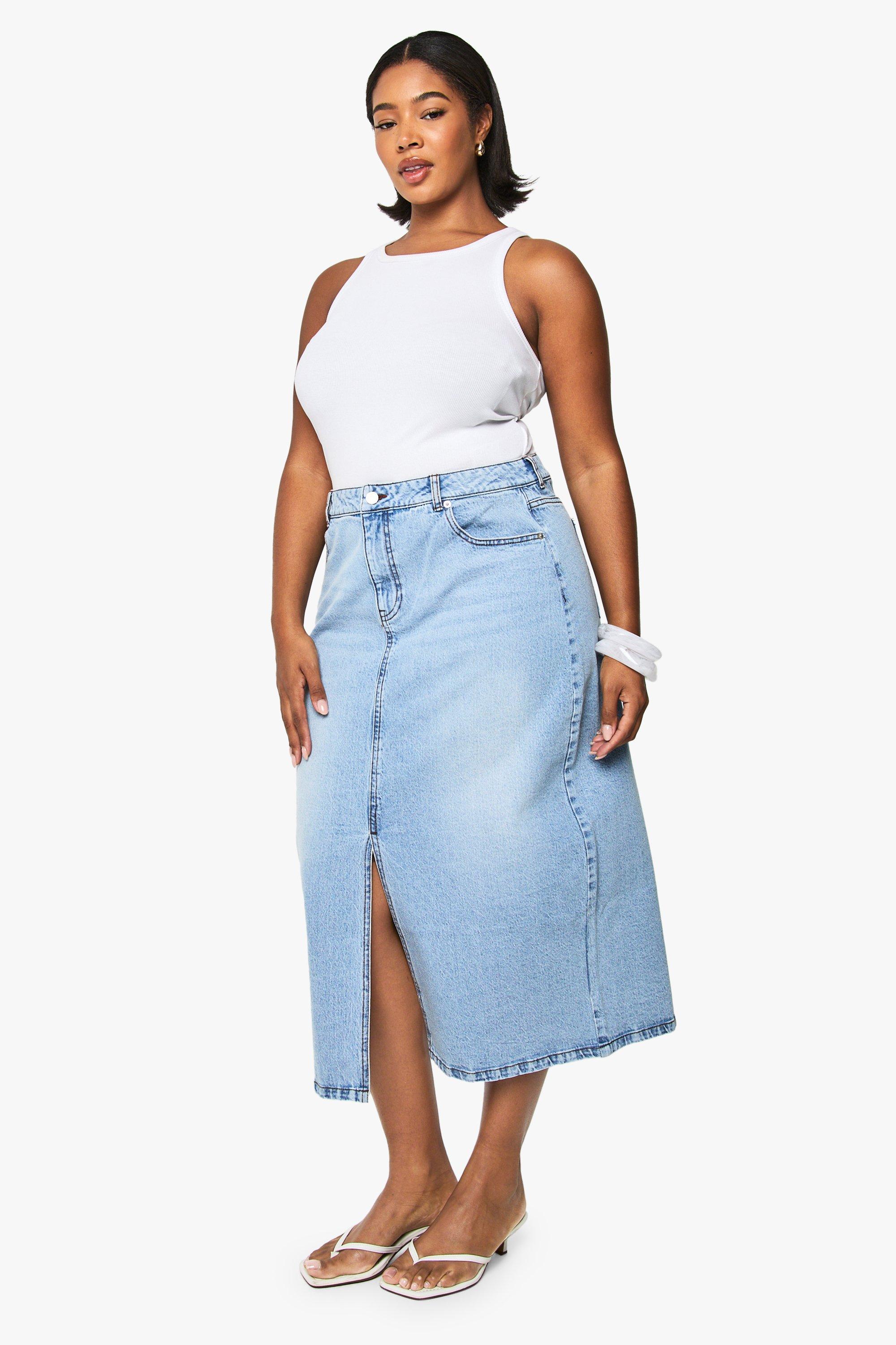 Boohoo Plus Midaxi Spijkerrok, Light Wash