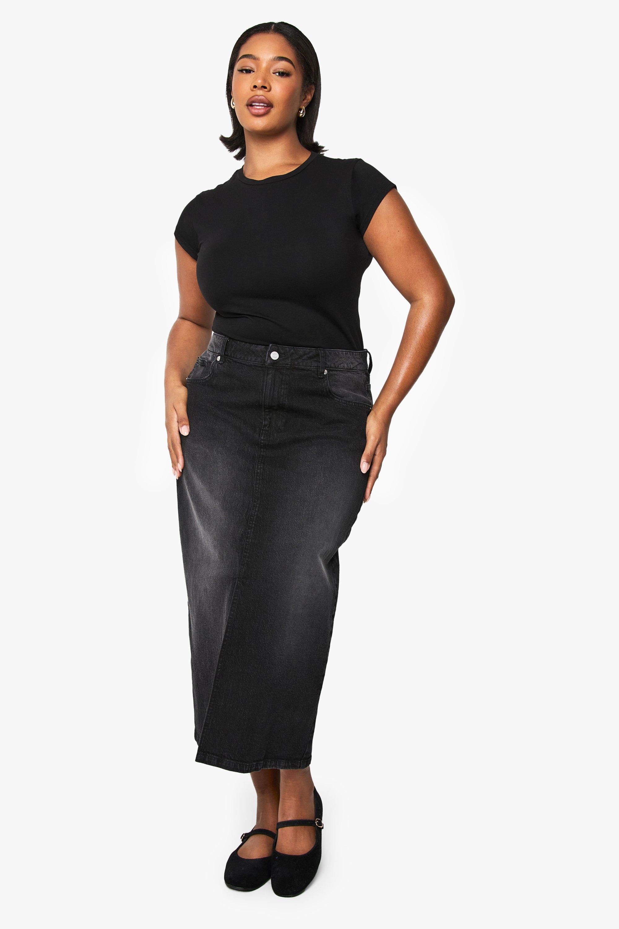 Boohoo Plus Midaxi Spijkerrok, Washed Black