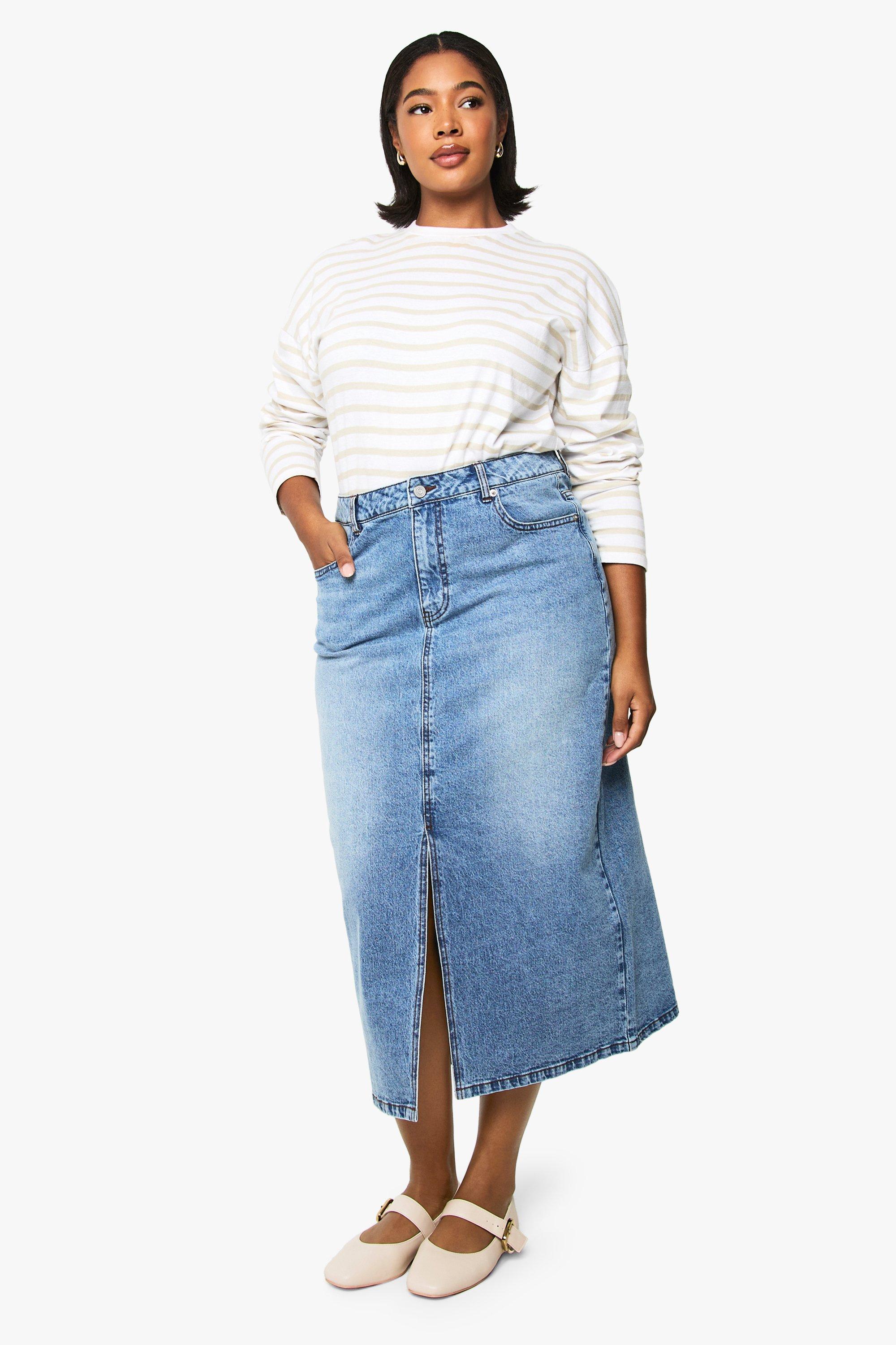 Boohoo Plus Midaxi Spijkerrok, Mid Wash