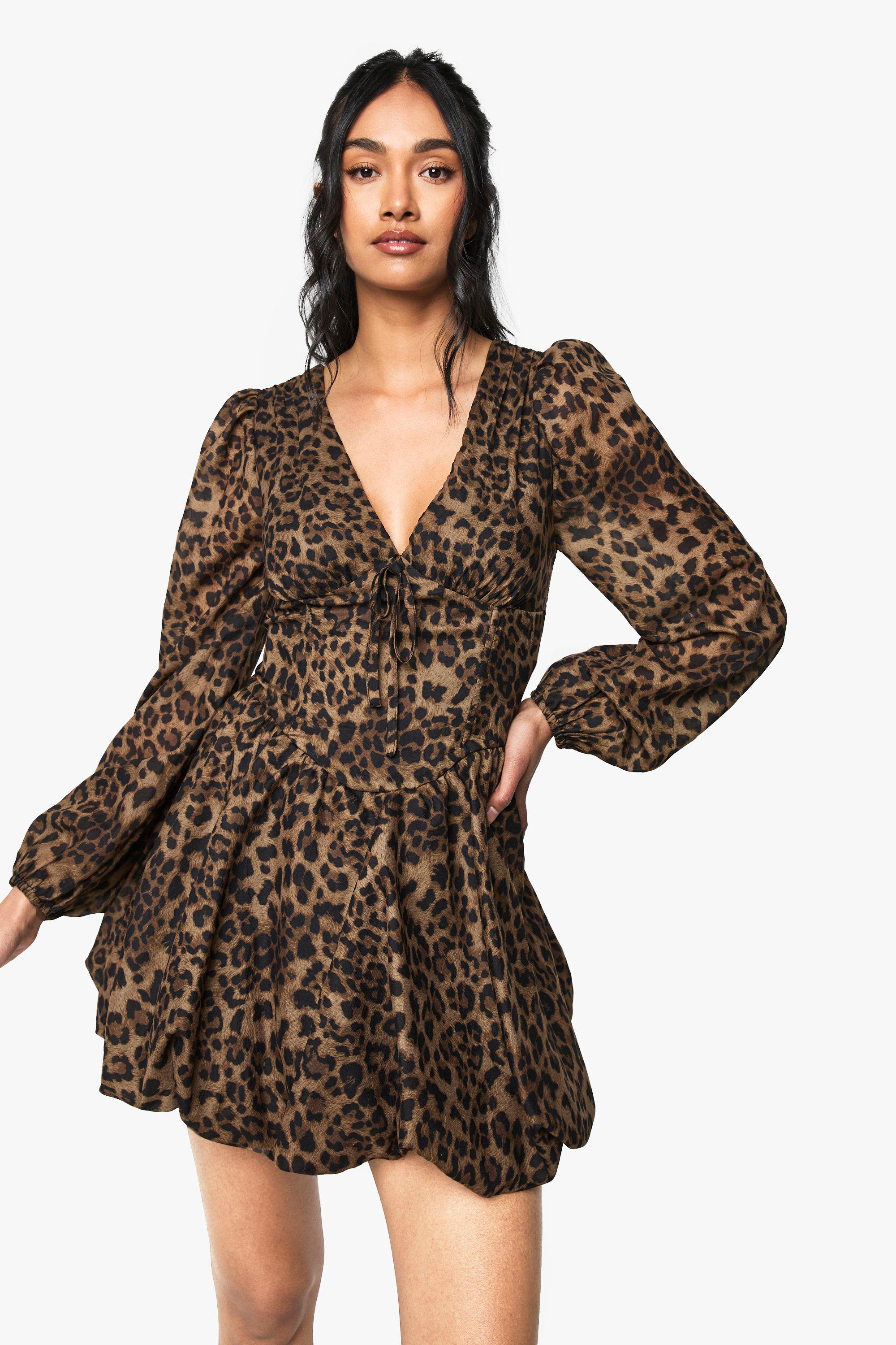 Image of Vestito Skater stile Milkmaid in chiffon leopardato con maniche a sbuffo, Multi