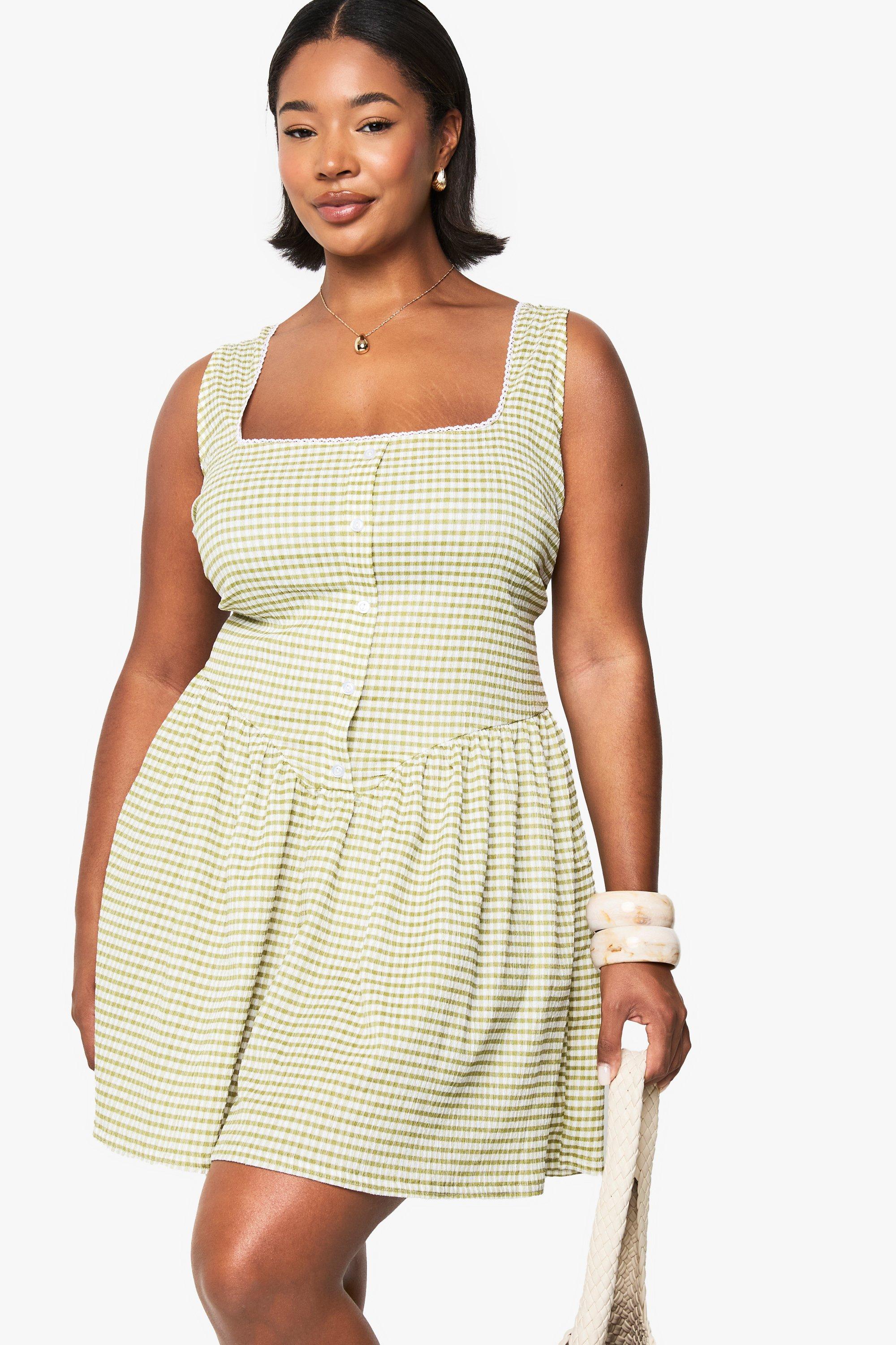 Boohoo Plus Ginham Skater Jurk Met Korset Detail, Sage