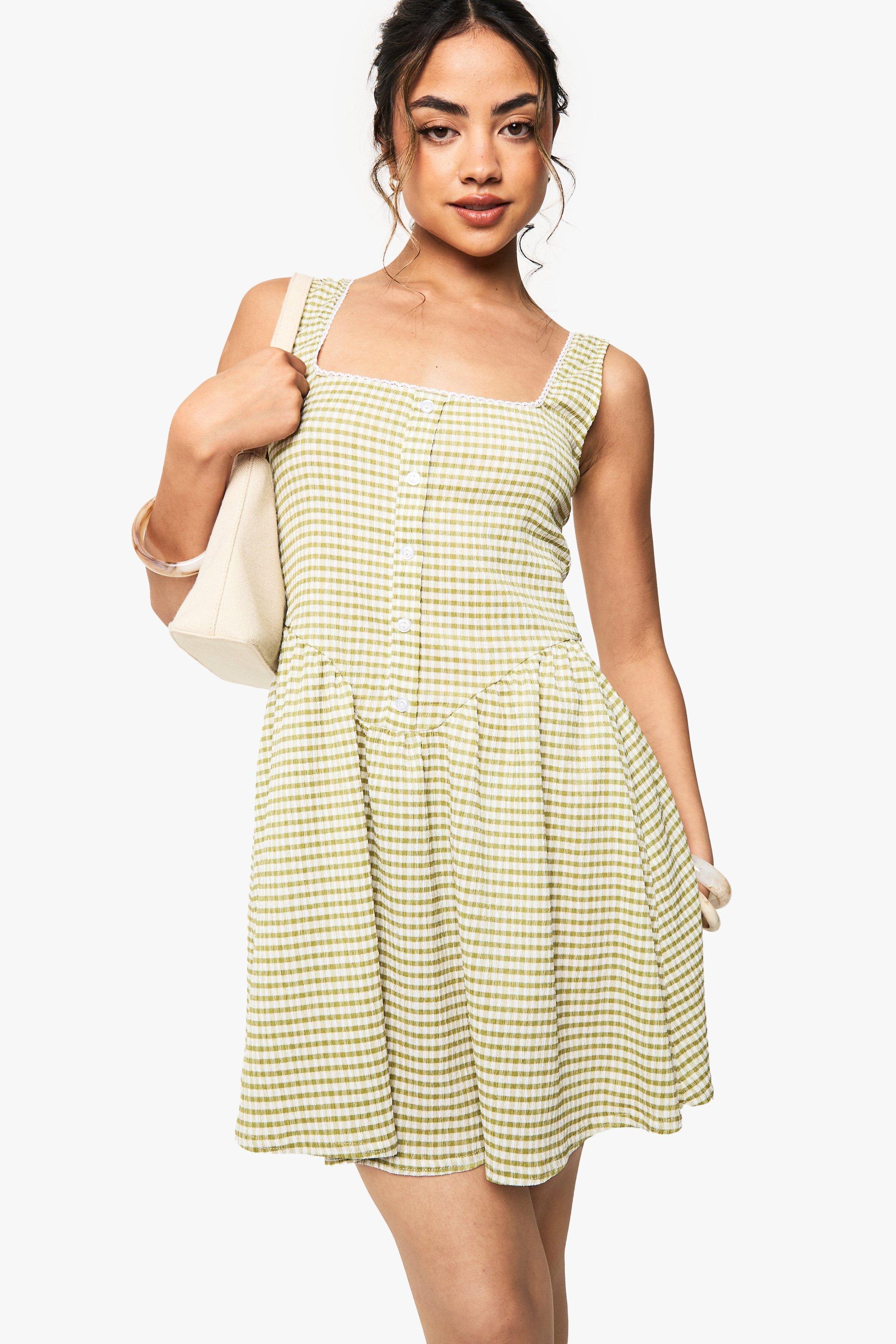Boohoo Ginham Skater Jurk Met Korset Detail, Sage