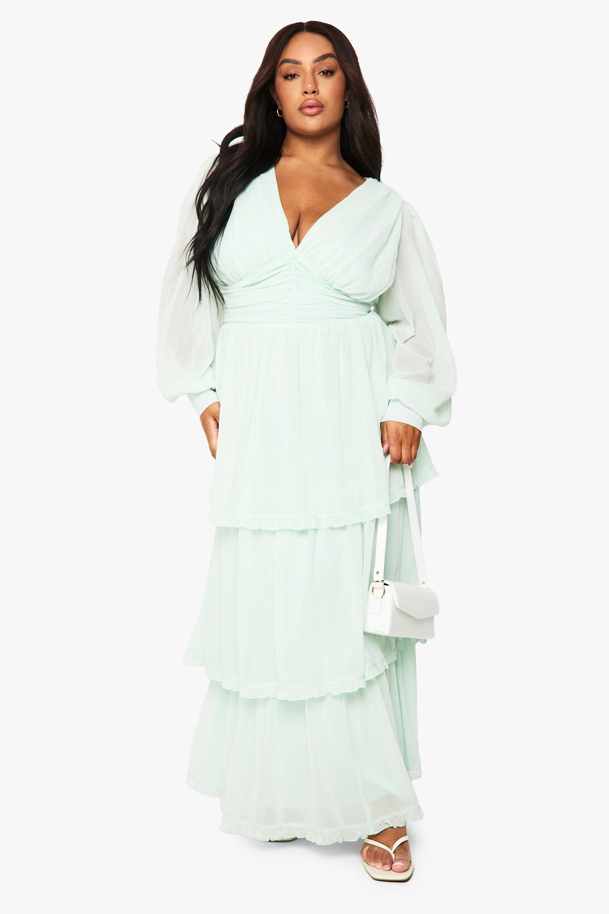 Boohoo Plus Chiffon Tiered Ruched Maxi Dress, Powder Blue