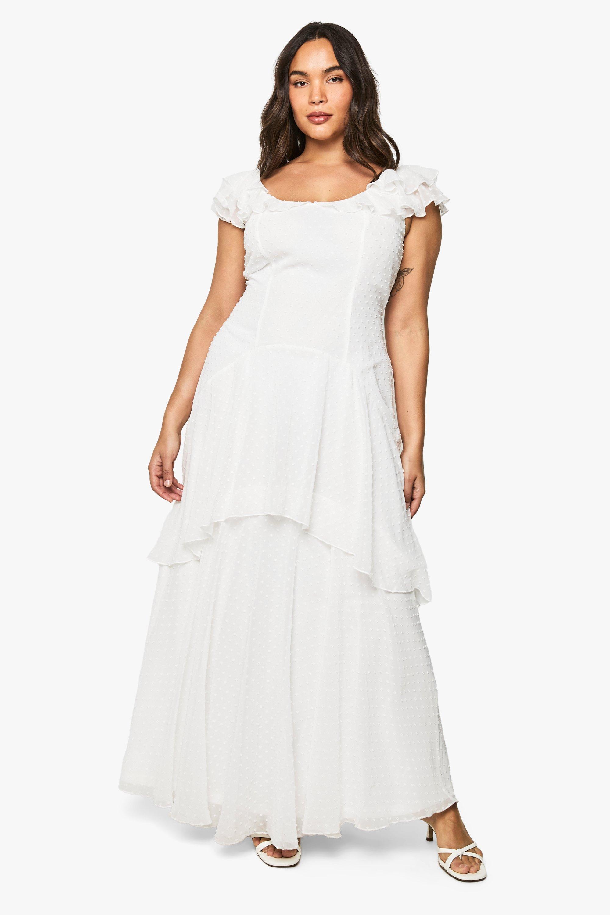 Boohoo Plus Dobby Chiffon Tiered Maxi Dress, White