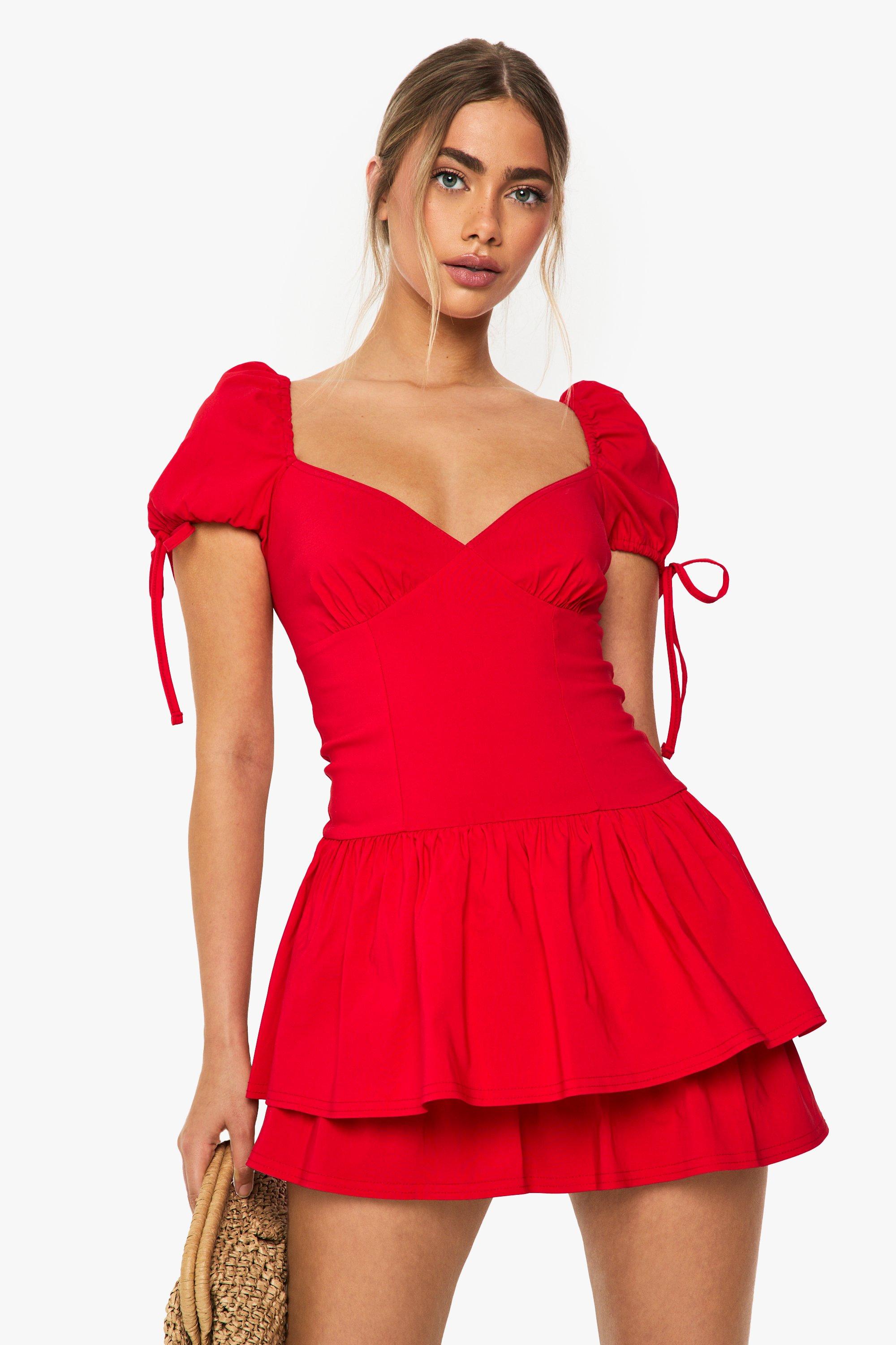 Boohoo Melkmeisjes Mini Jurk Met Franjes En Pofmouwen, Red