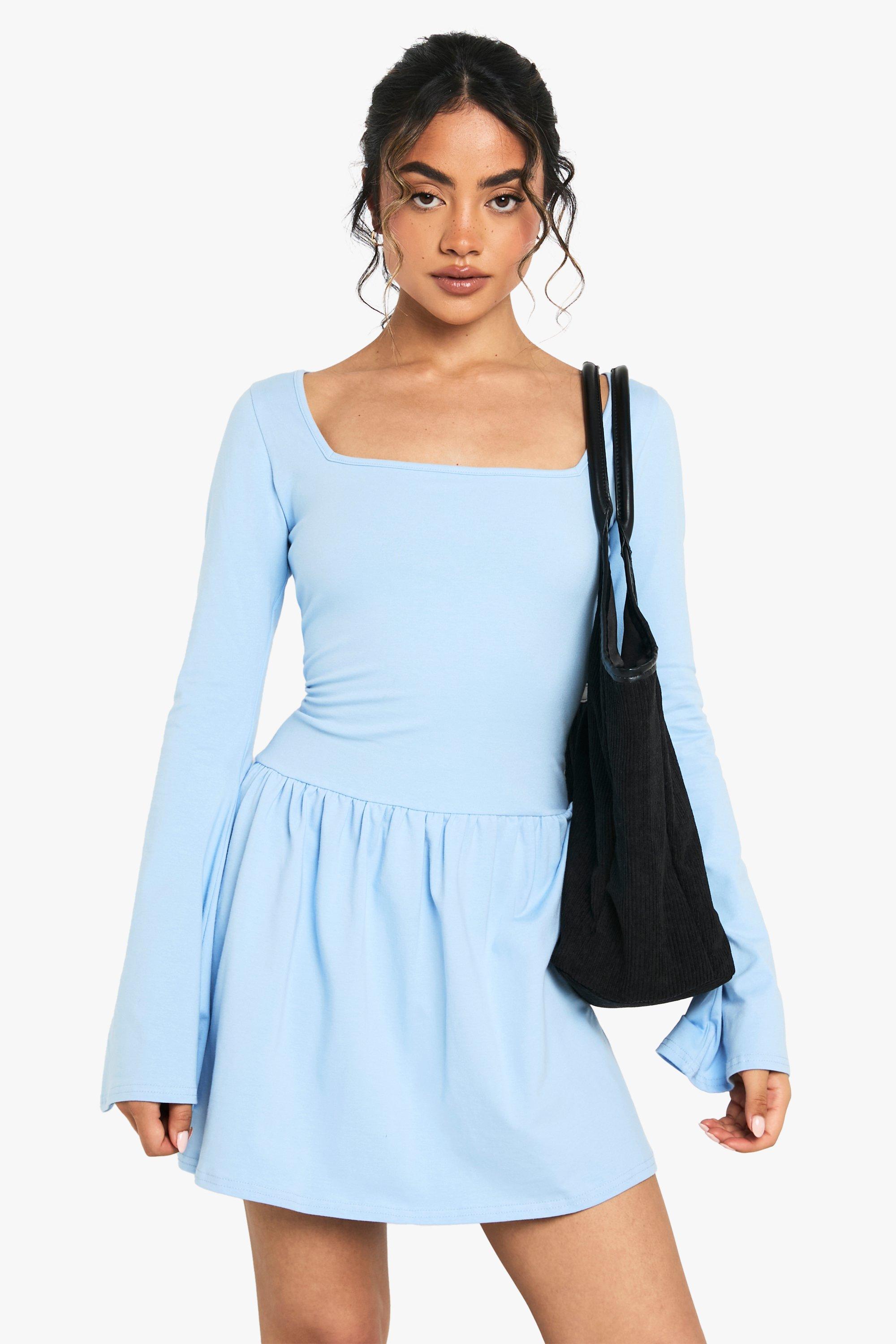 Boohoo Mini Jurk Met Vierkante Hals En Laag Uitgesneden Pofmouwen, Powder Blue