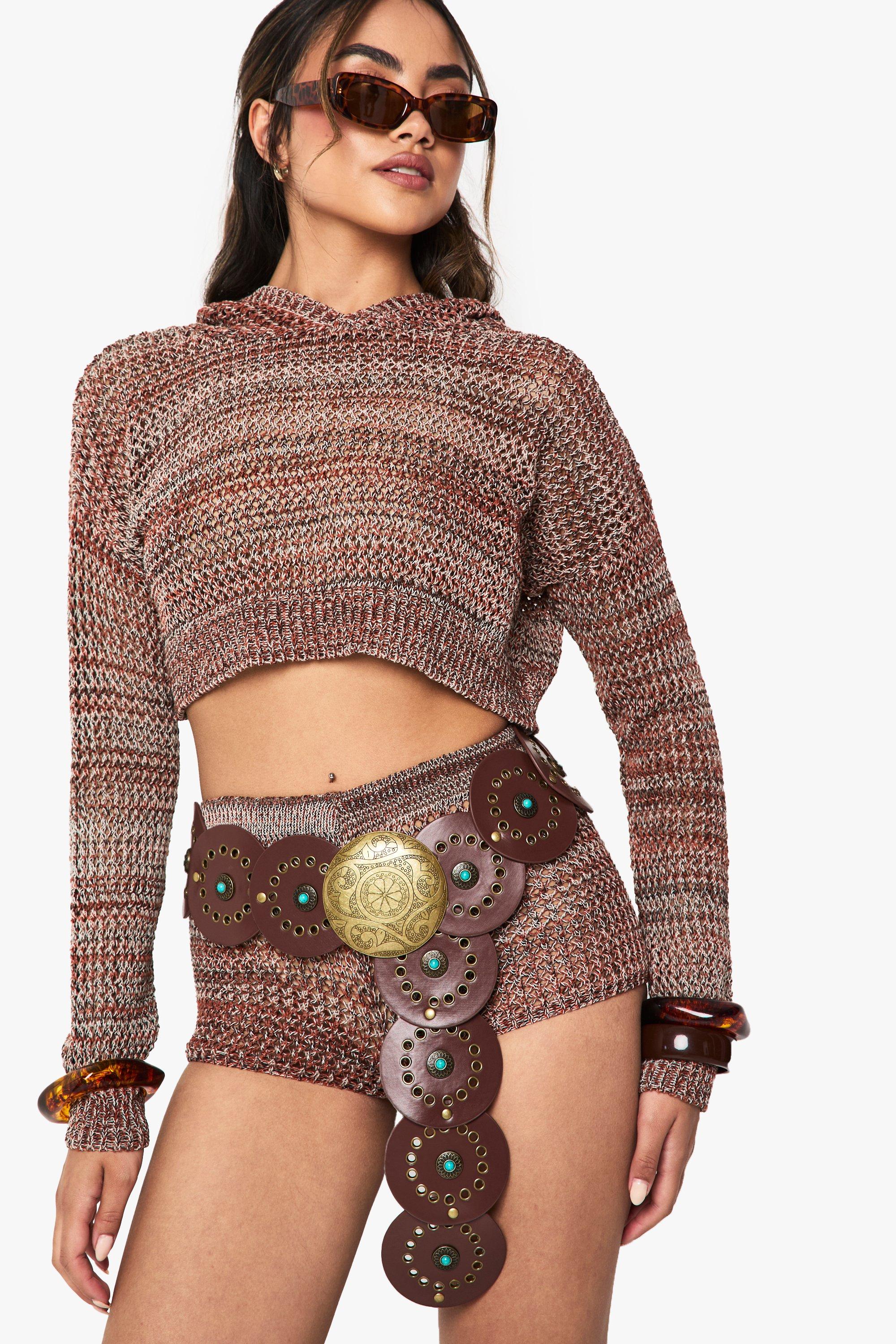Image of Maglione leggero all'uncinetto con cappuccio, Brown