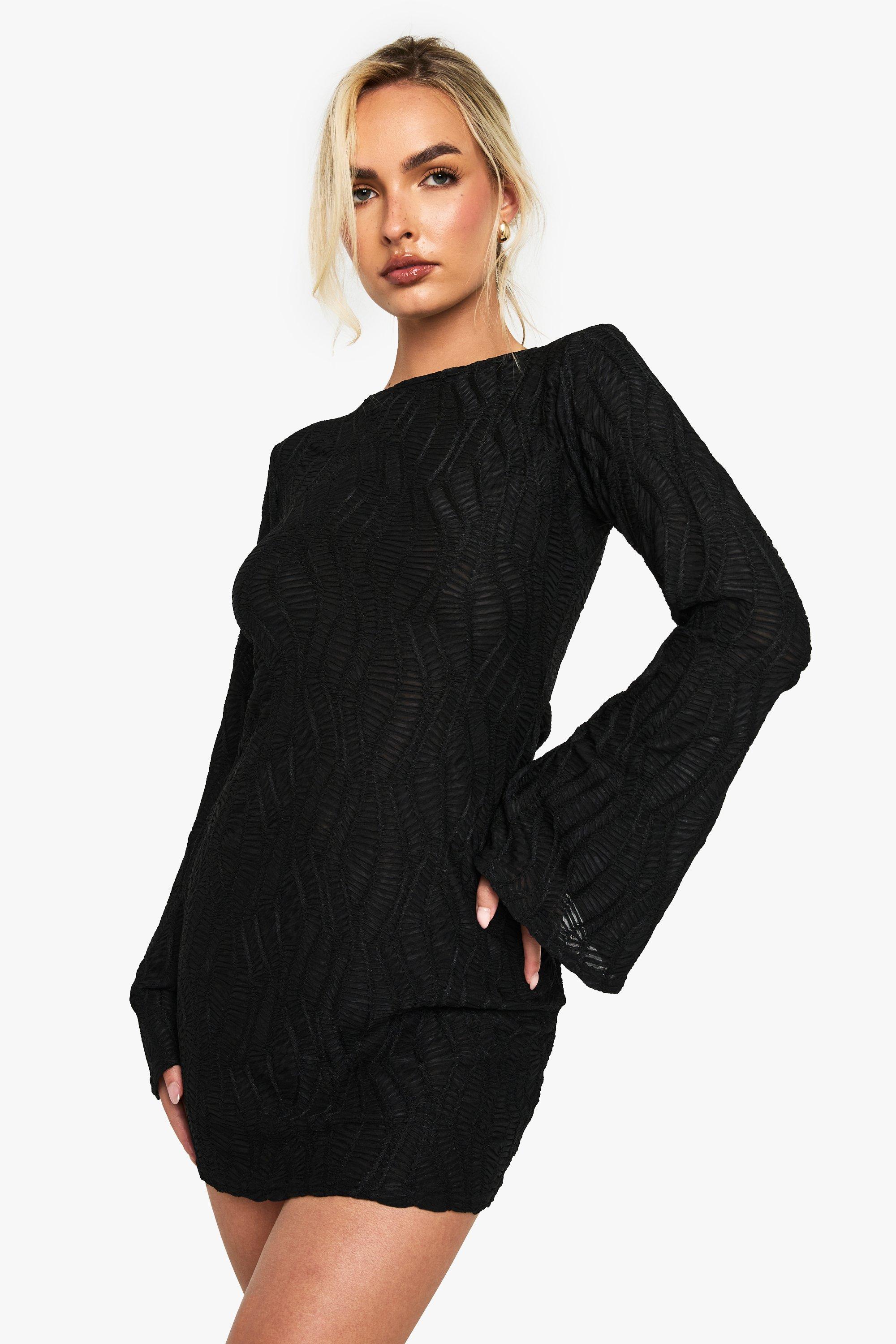 Boohoo Mini Jurk Met Textuur, Wijde Mouwen En Boothals, Black