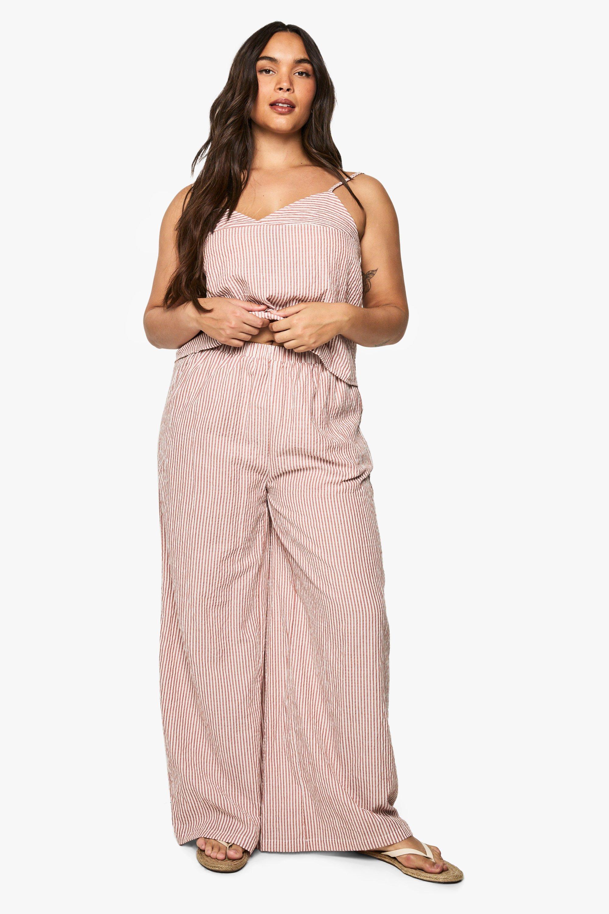 Image of Pantaloni a gamba ampia Plus Size a righe intrecciate con vita elasticizzata, Arancio