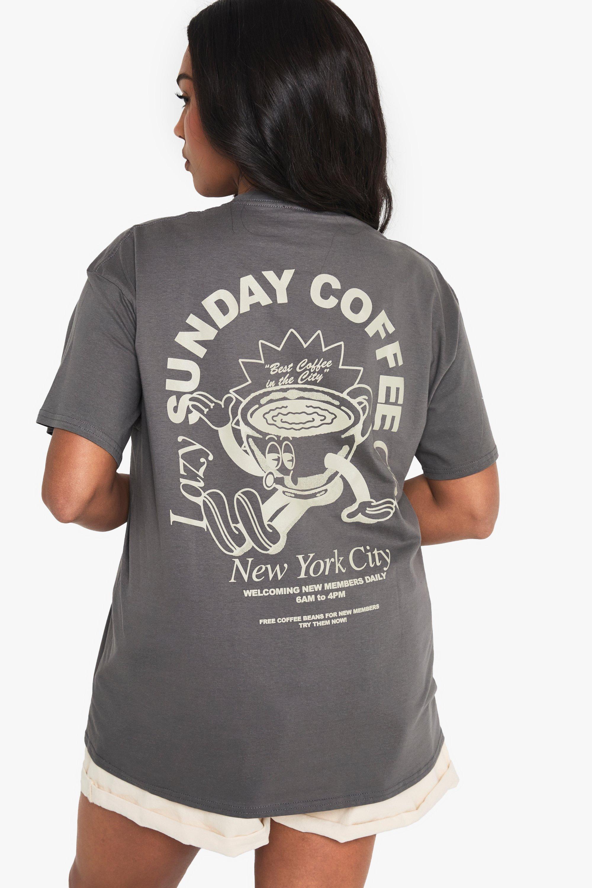Image of T-Shirt Plus Size Oversize Con Stampa Sunday Coffee Club, Grigio