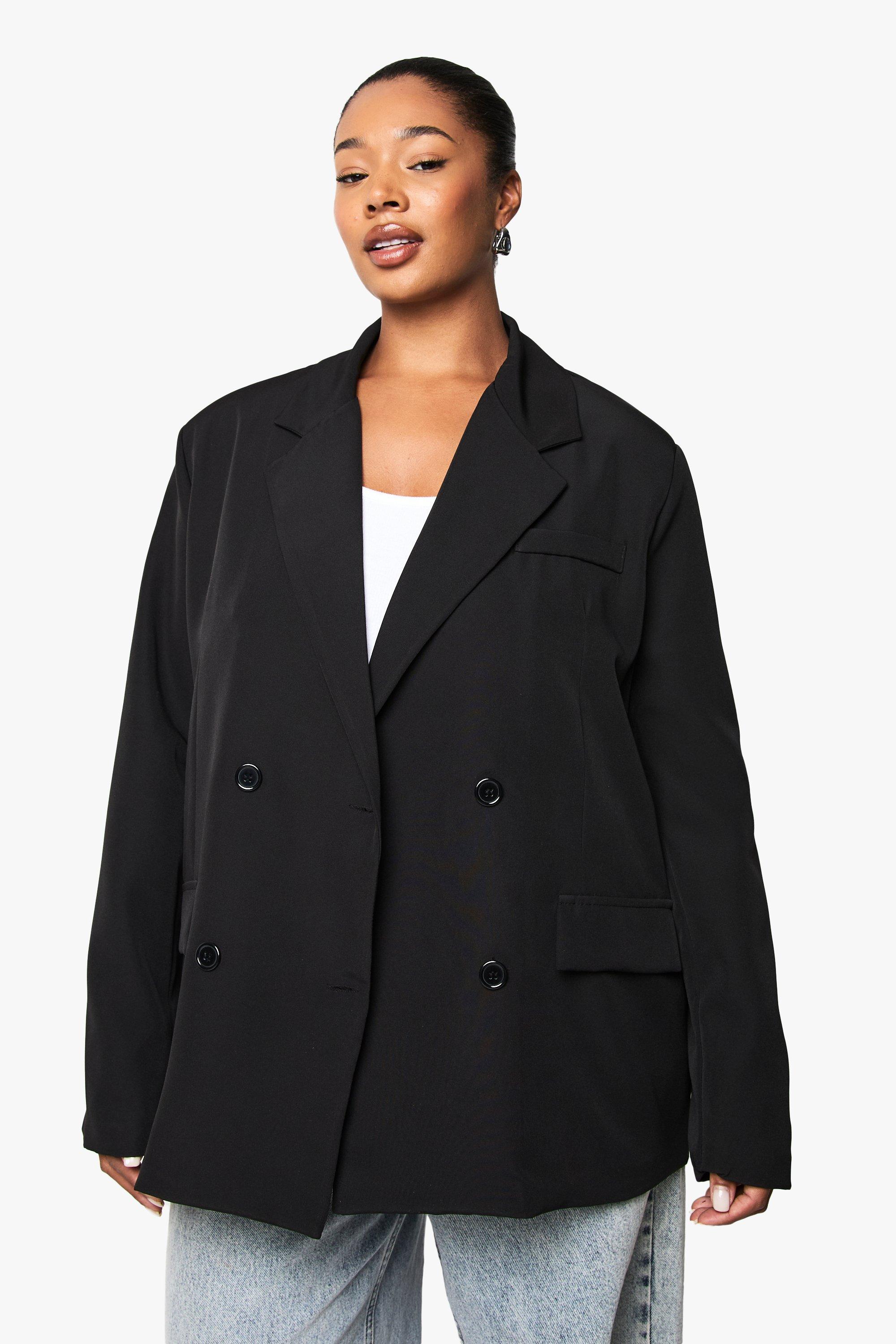 Boohoo Plus Oversized Geweven Blazer Met Dubbele Knopen, Black