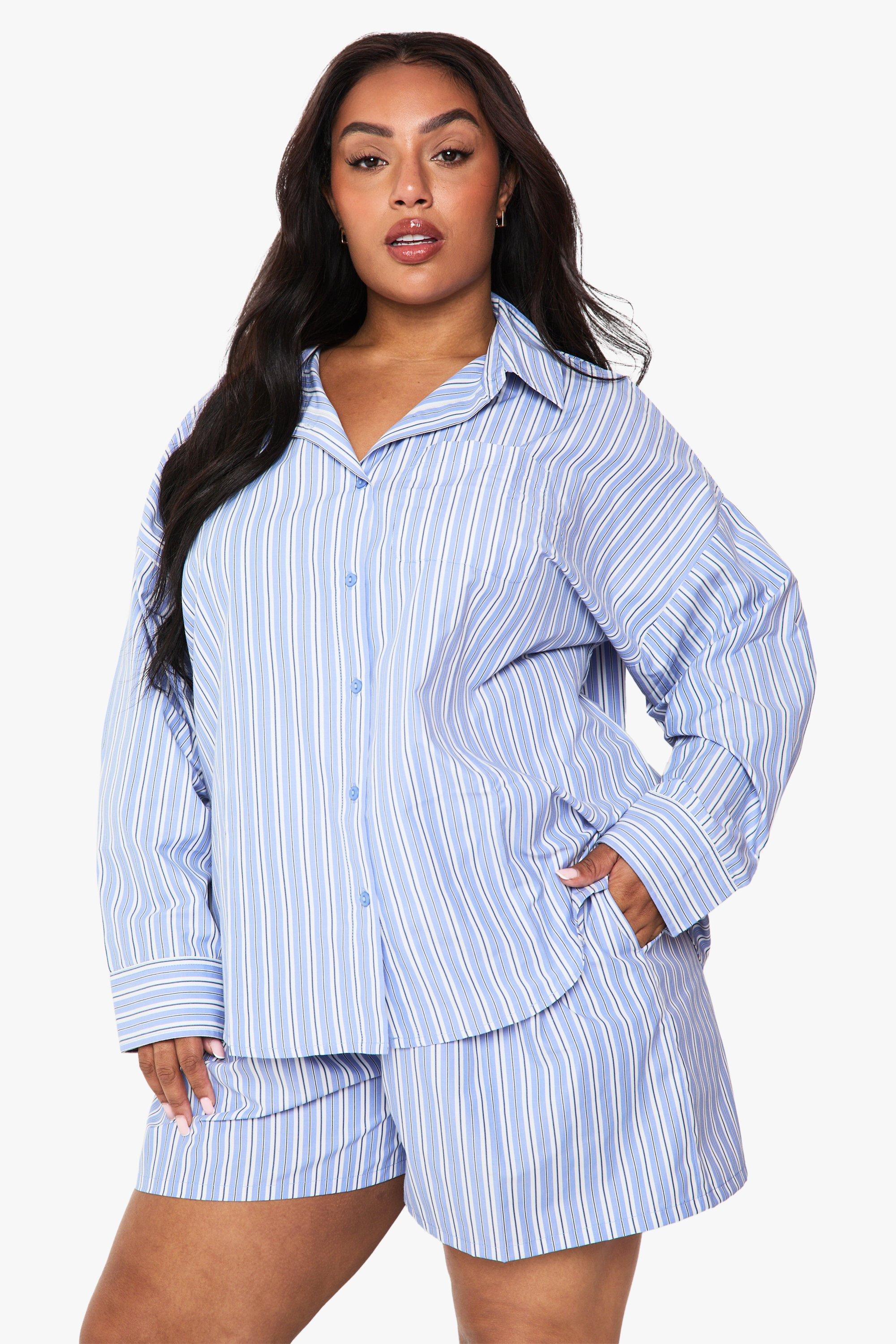 Image of Camicia Plus Size oversize a righe, Azzurro